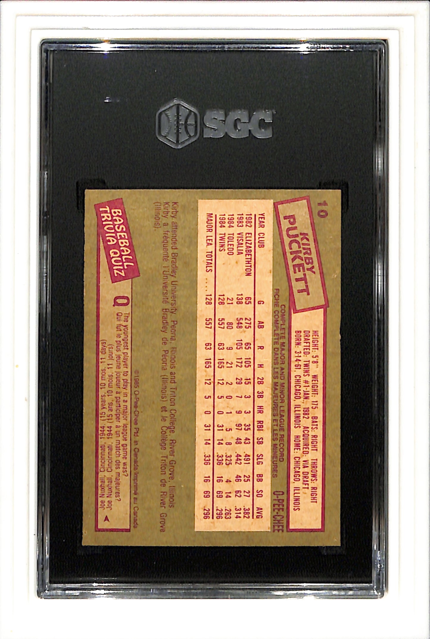 1985 O-Pee-Chee #10 Kirby Puckett SGC 6 SN 9917122