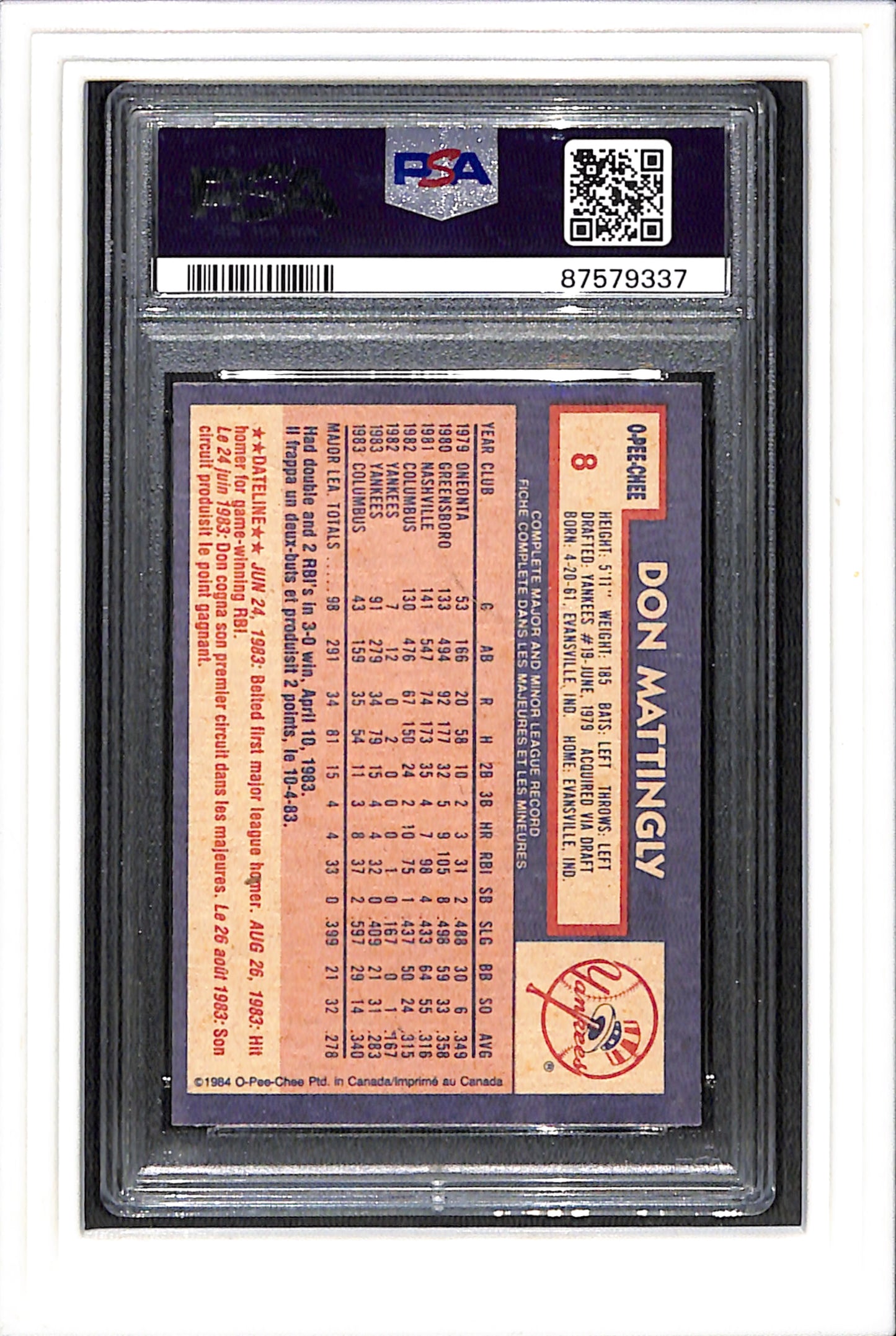 1984 O-Pee-Chee #8 Don Mattingly PSA 8 SN 87579337