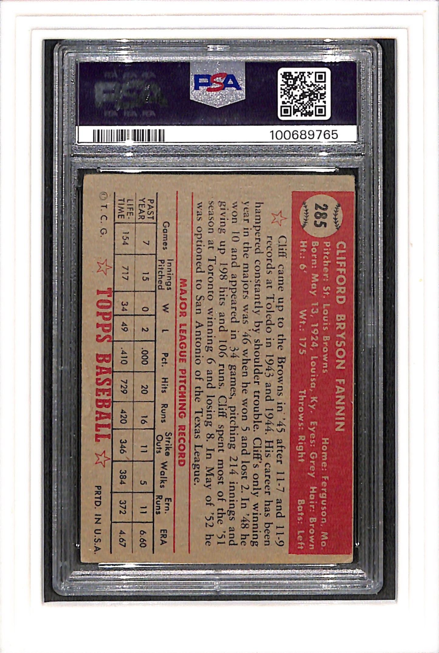 1952 Topps #285 Cliff Fannin PSA 3 SN 100689765
