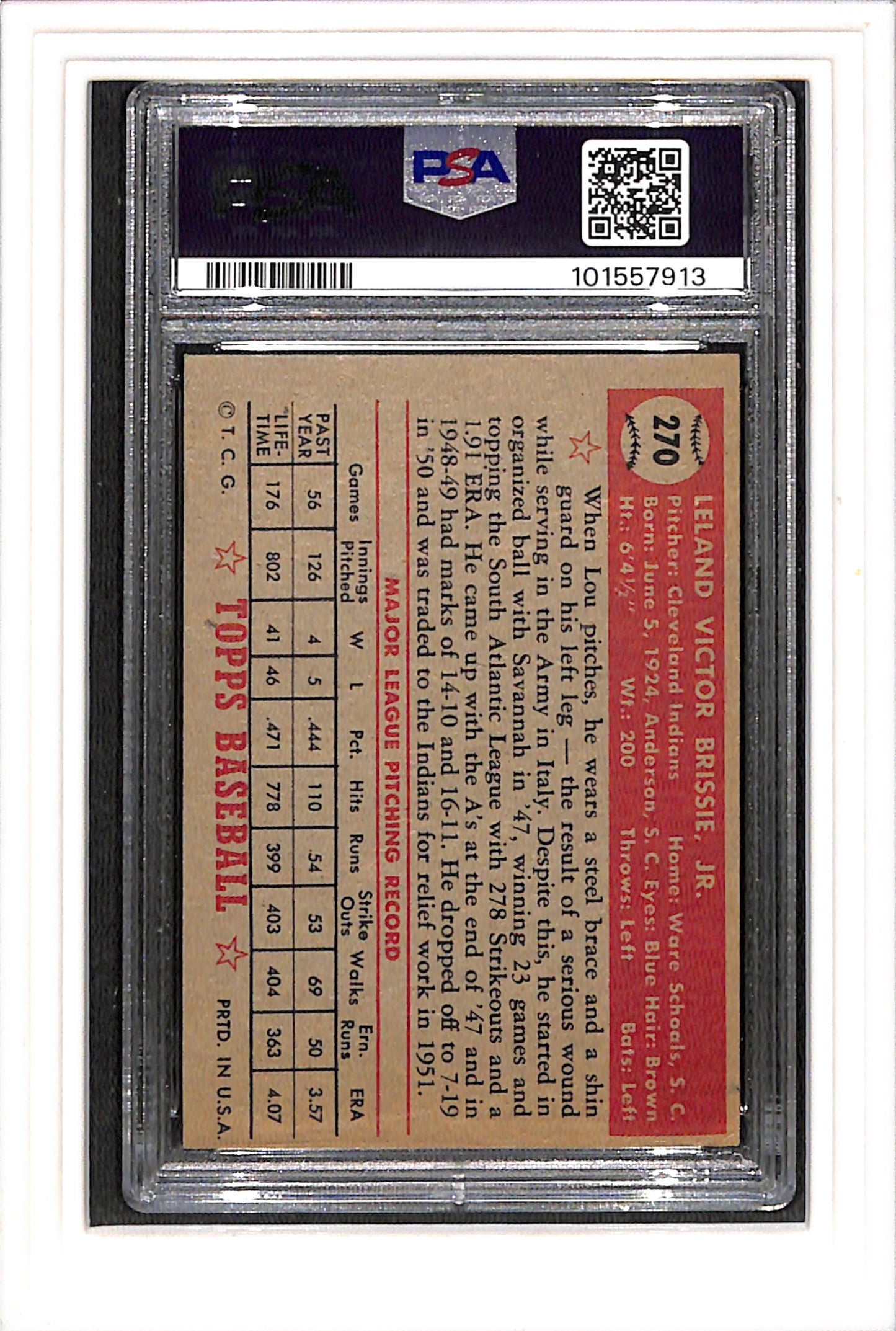 1952 Topps #270 Lou Brissie PSA 3 SN 101557913