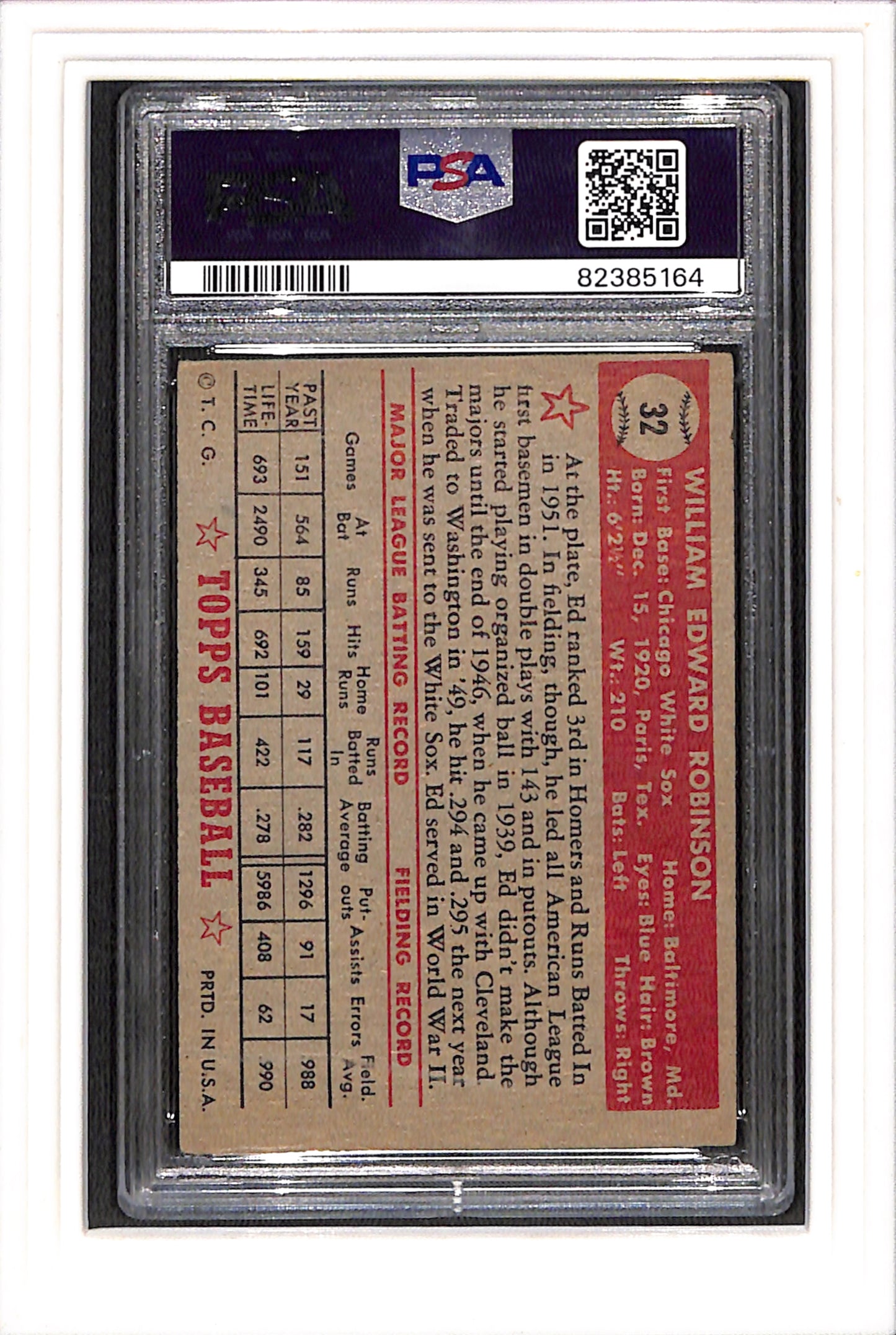 1952 Topps #32 Eddie Robinson PSA 3 SN 82385164