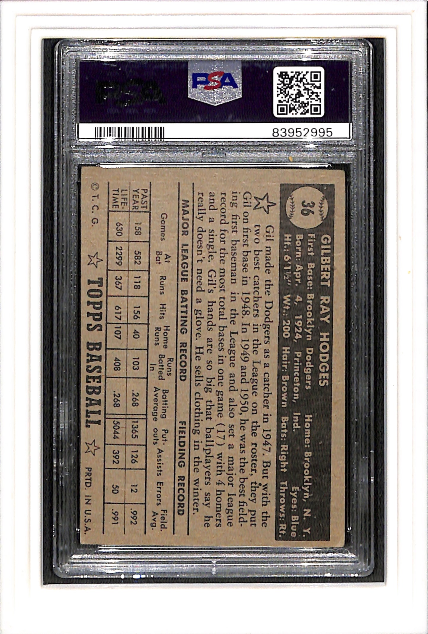1952 Topps #36 Gil Hodges Black Back PSA 4 MK SN 83952995