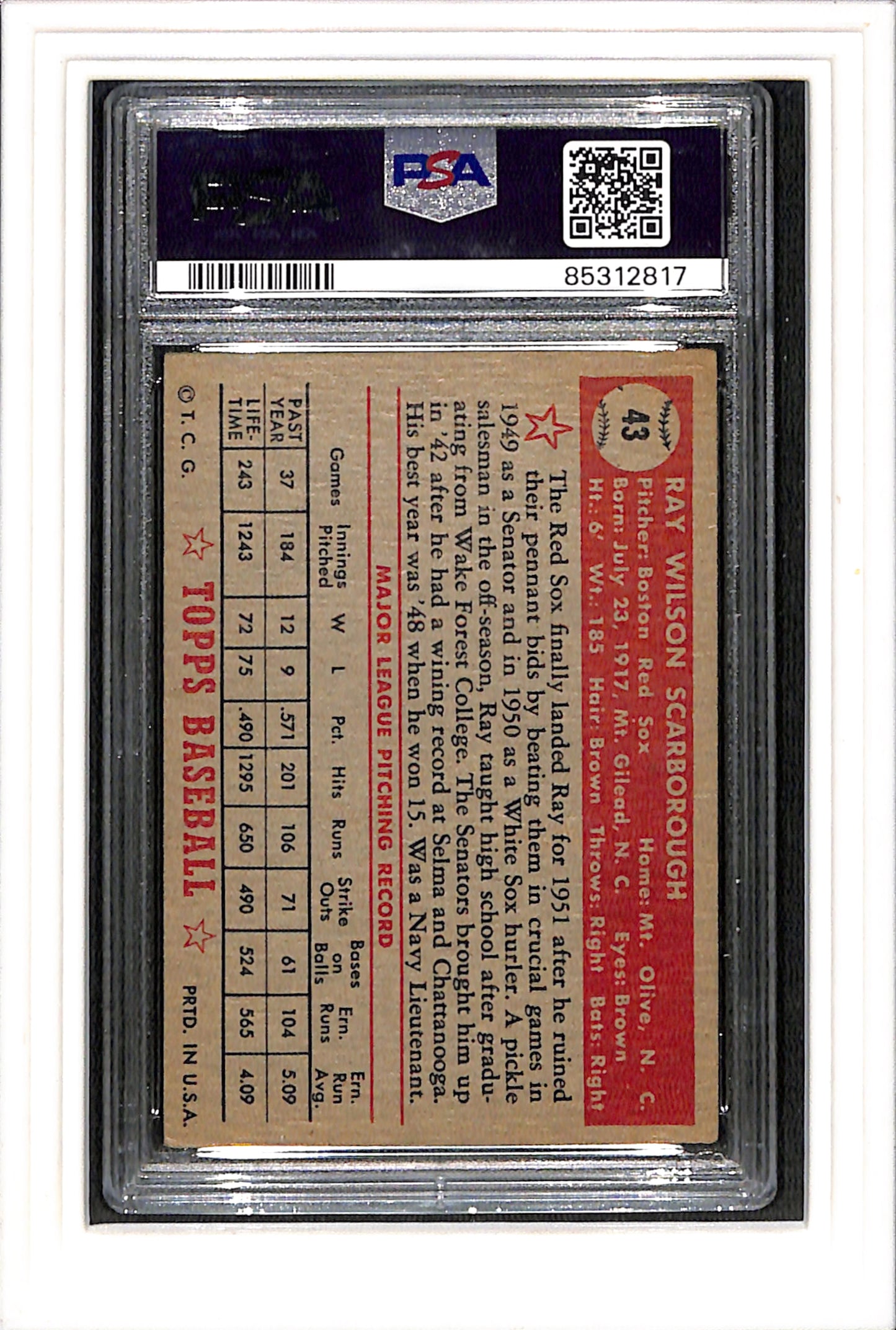 1952 Topps #43 Ray Scarborough PSA 3 SN 85312817