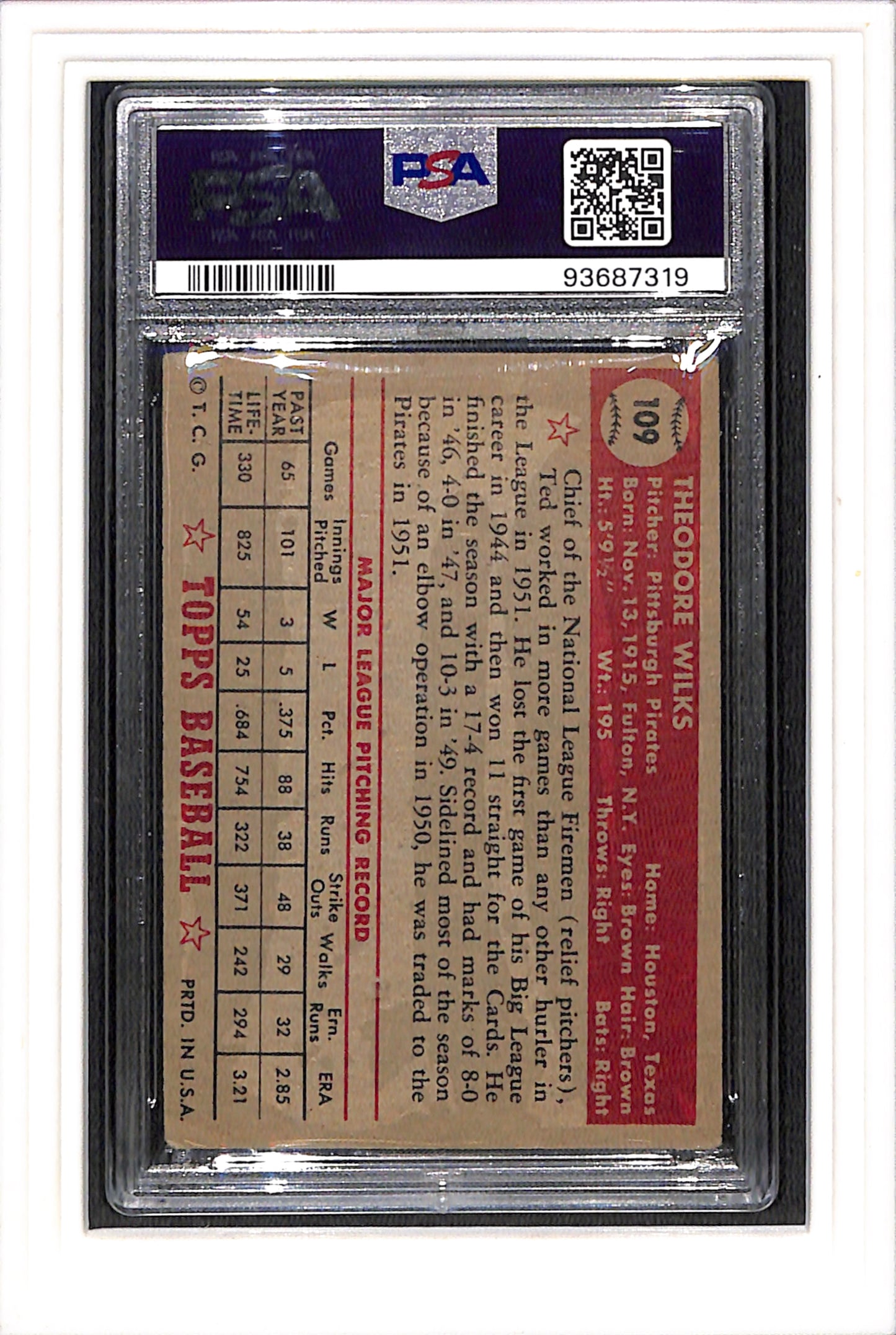 1952 Topps #109 Ted Wilks PSA 3 SN 93687319