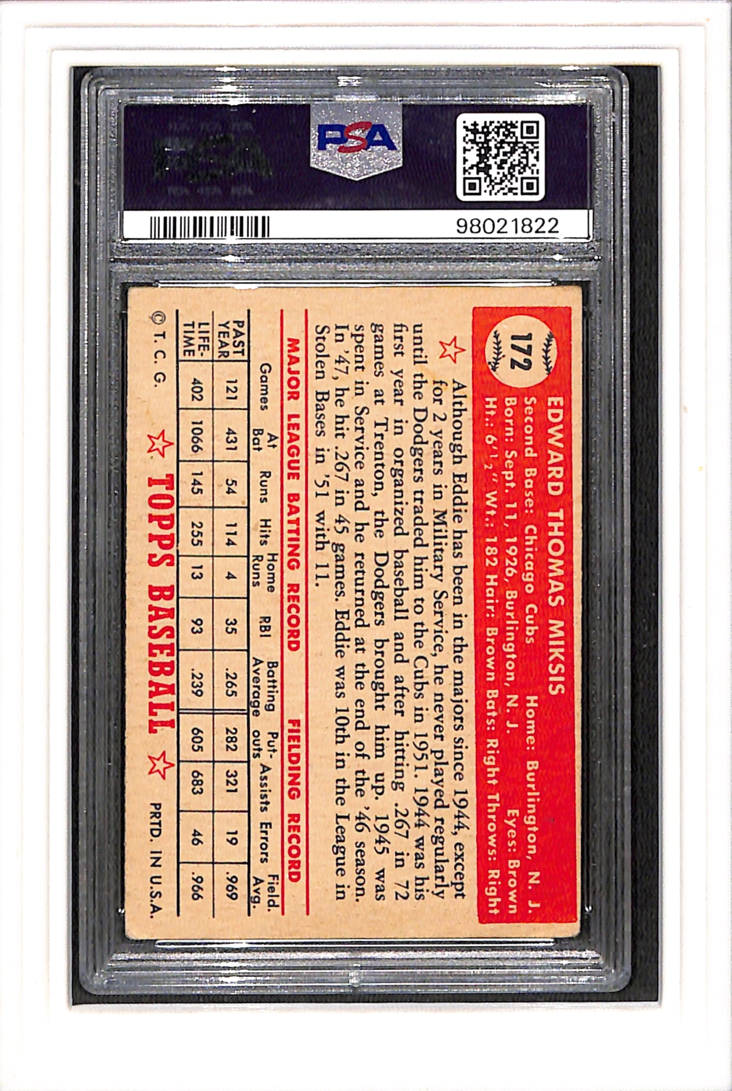 1952 Topps #172 Eddie Miksis PSA 3 SN 98021822