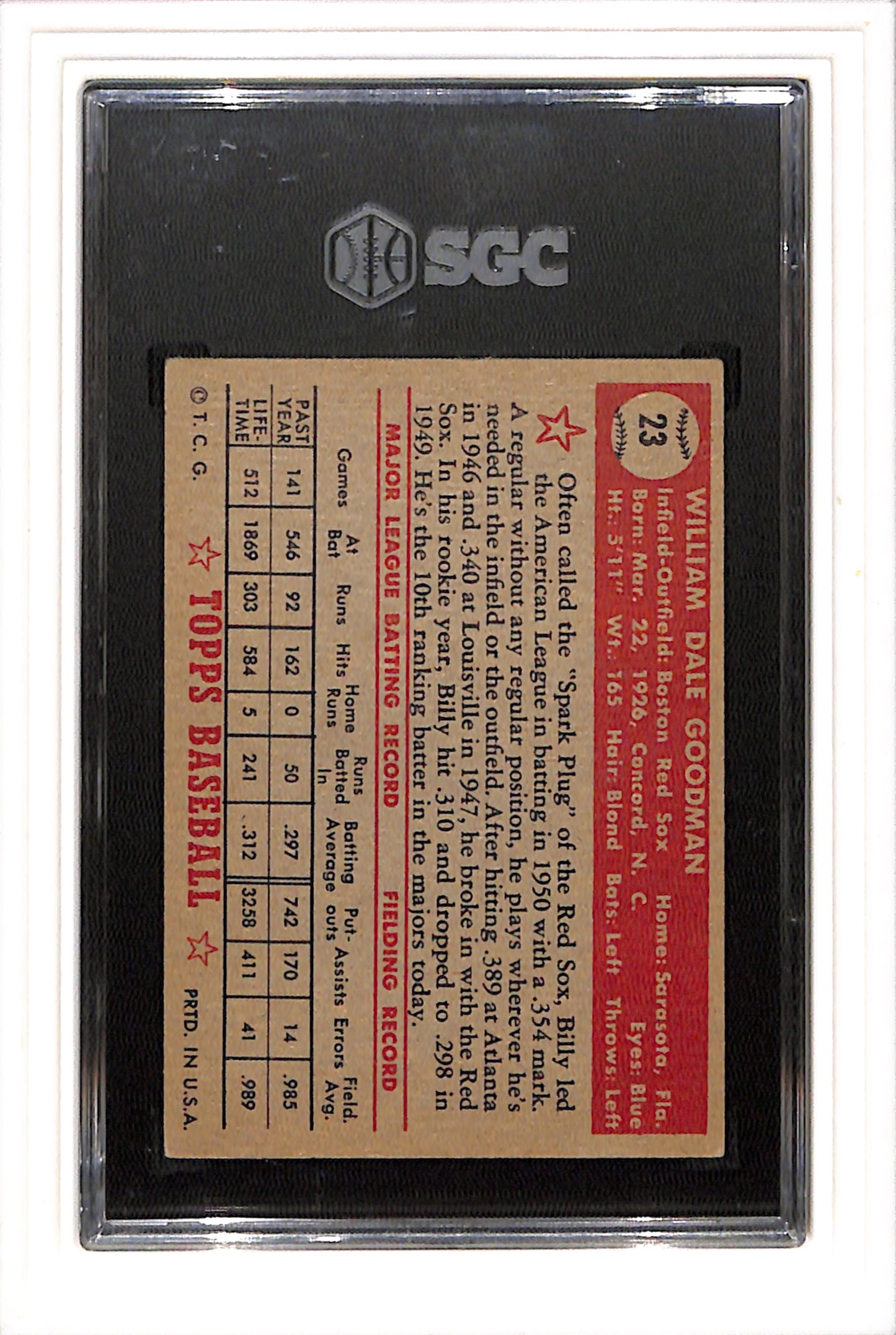 1952 Topps #23 Billy Goodman Red Back SGC 4.5 SN 9819270
