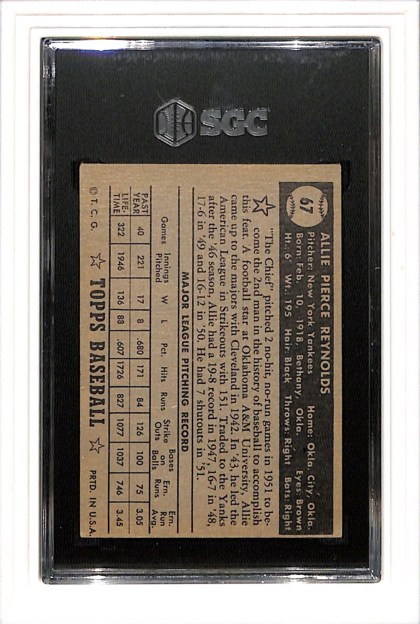 1952 Topps #67 Allie Reynolds Black Back SGC 3.5 SN 9790078