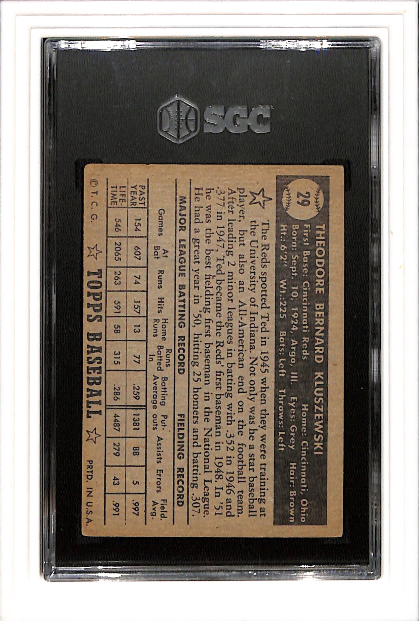 1952 Topps #29 Ted Kluszewski Black Back SGC 4.5 SN 9754759
