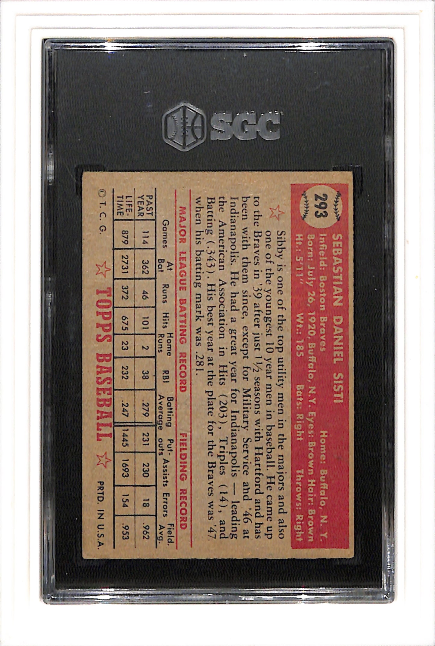 1952 Topps #293 Sibby Sisti SGC 4 SN 8510006