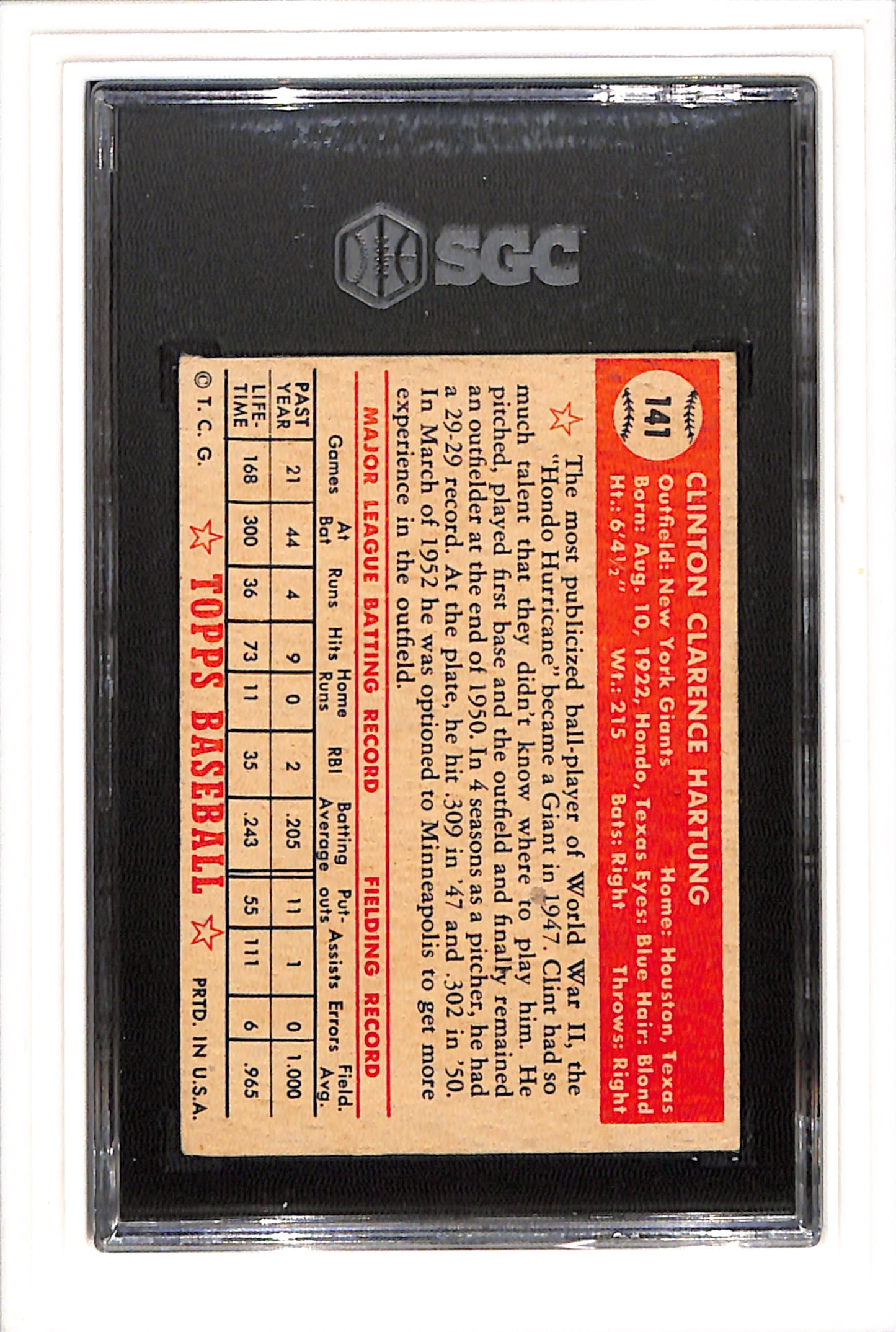 1952 Topps #141 Clint Hartung SGC 3 SN 7722751