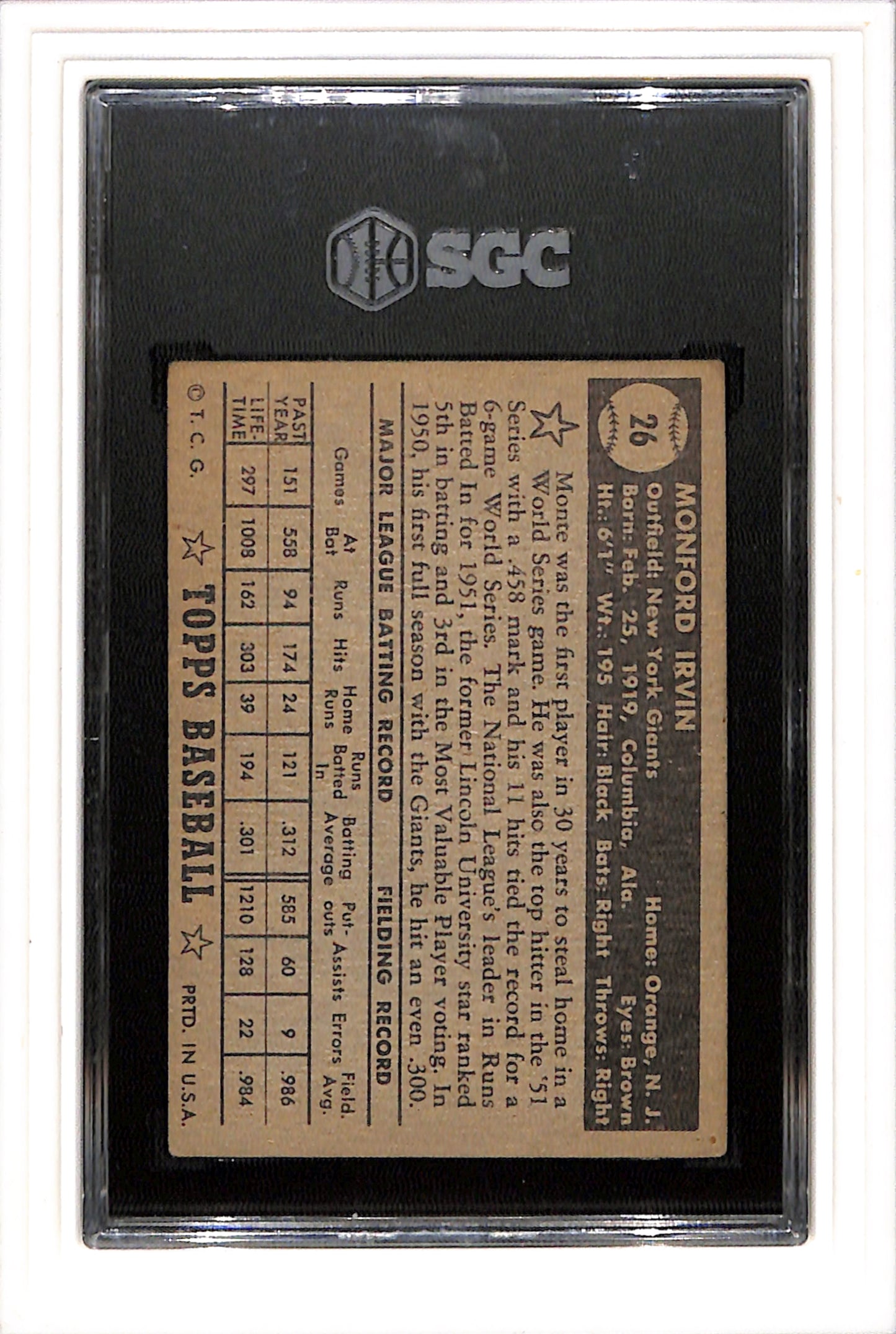 1952 Topps #26 Monte Irvin Black Back SGC 3.5 SN 7068632