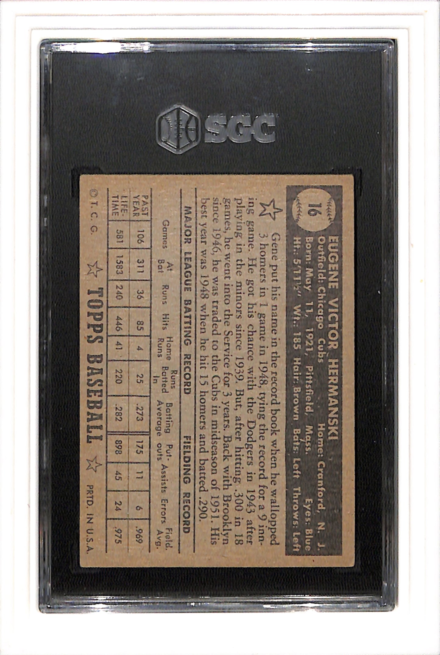 1952 Topps #16 Gene Hermanski Black Back SGC 4 SN 6392754