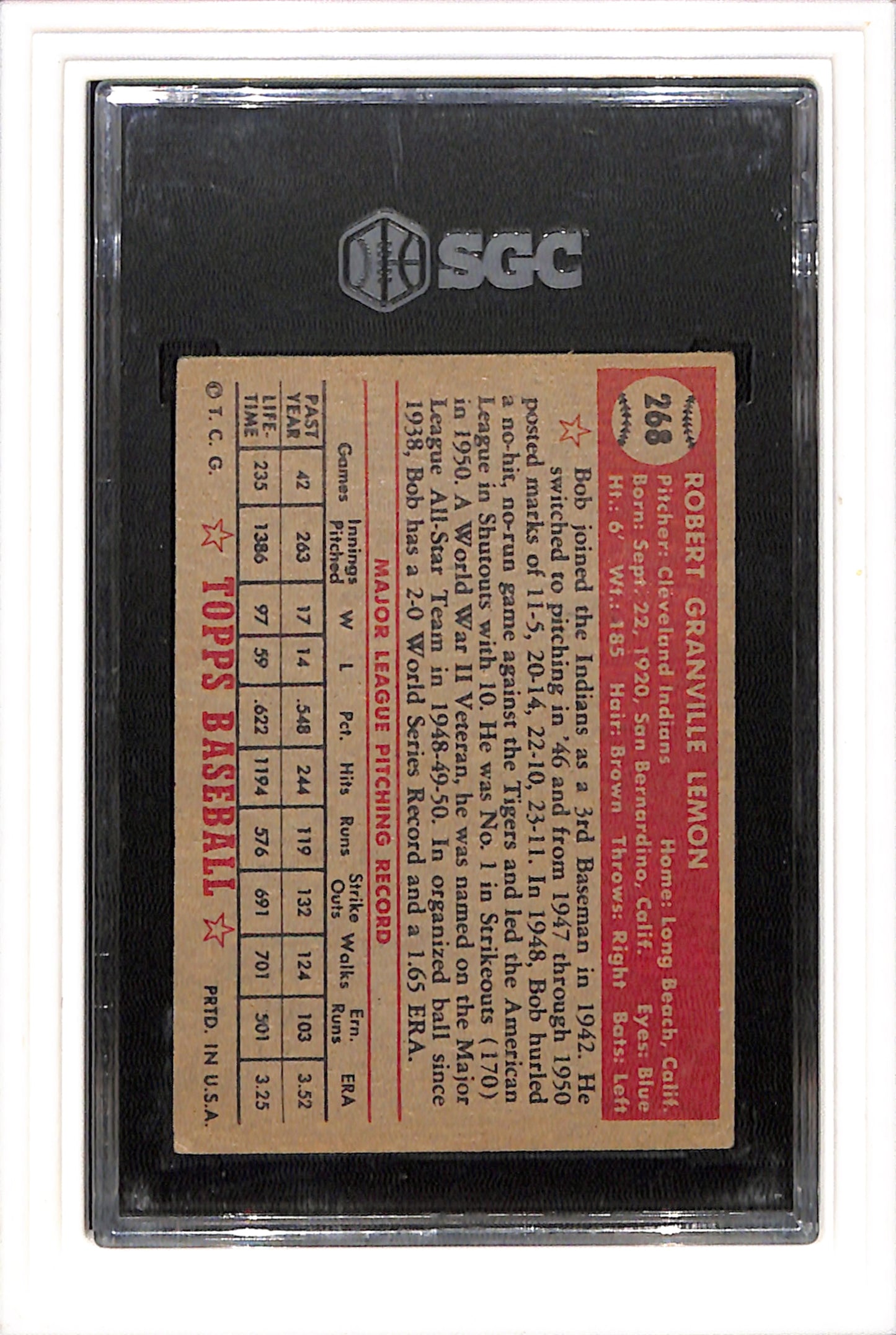 1952 Topps #268 Bob Lemon SGC 3 SN 3684239