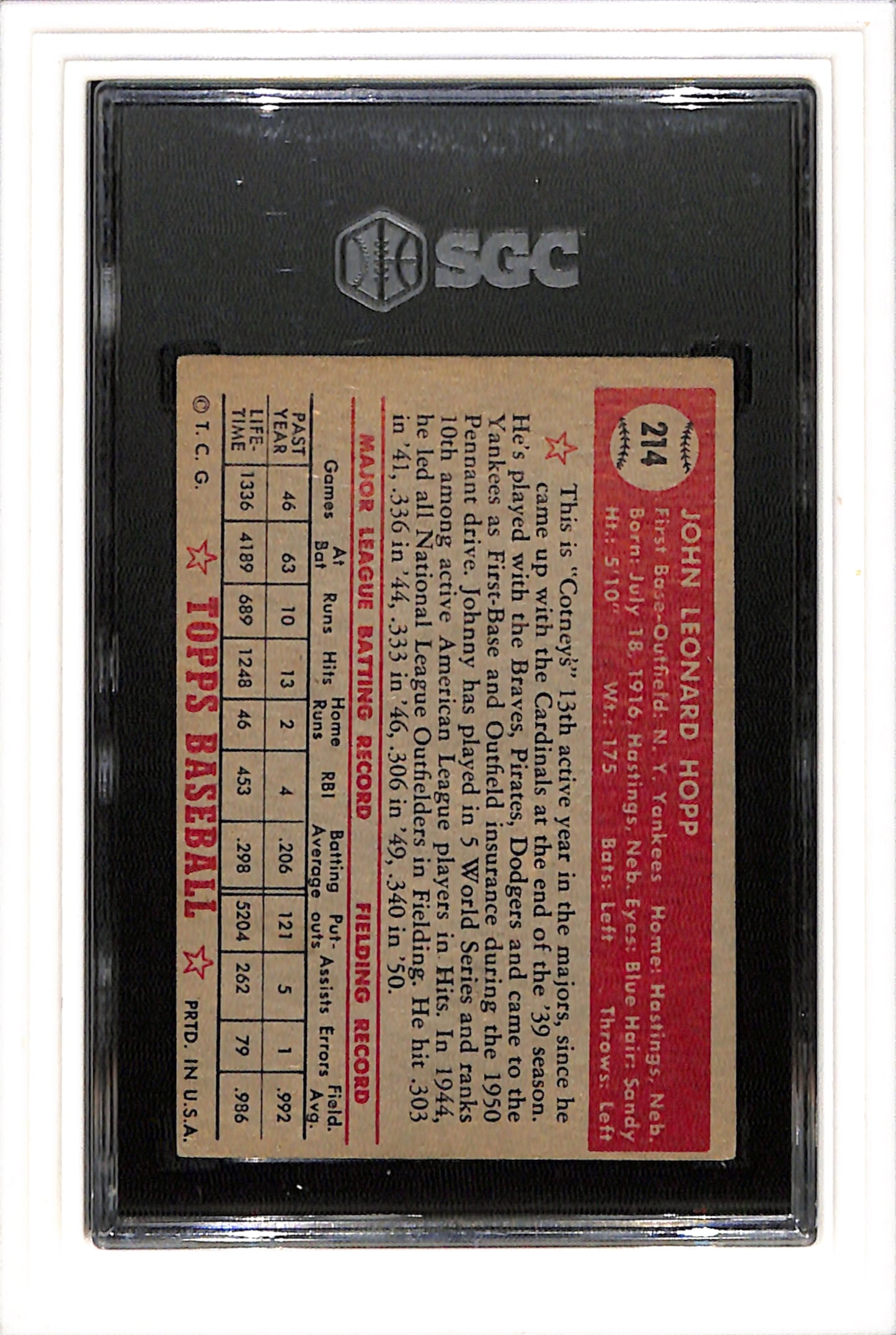 1952 Topps #214 Johnny Hopp SGC 4.5 SN 3311666