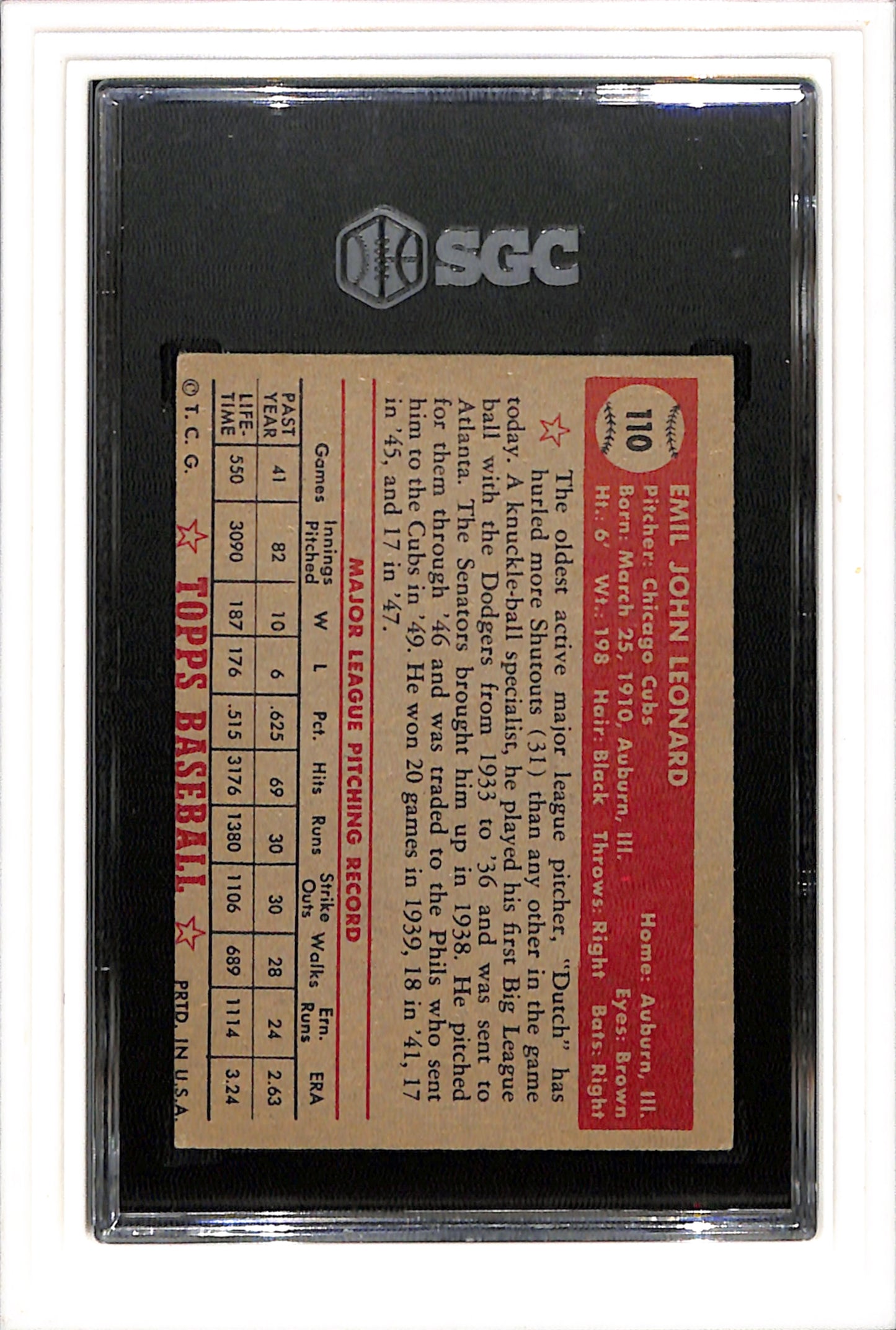 1952 Topps #110 Dutch Leonard SGC 4 SN 0667400
