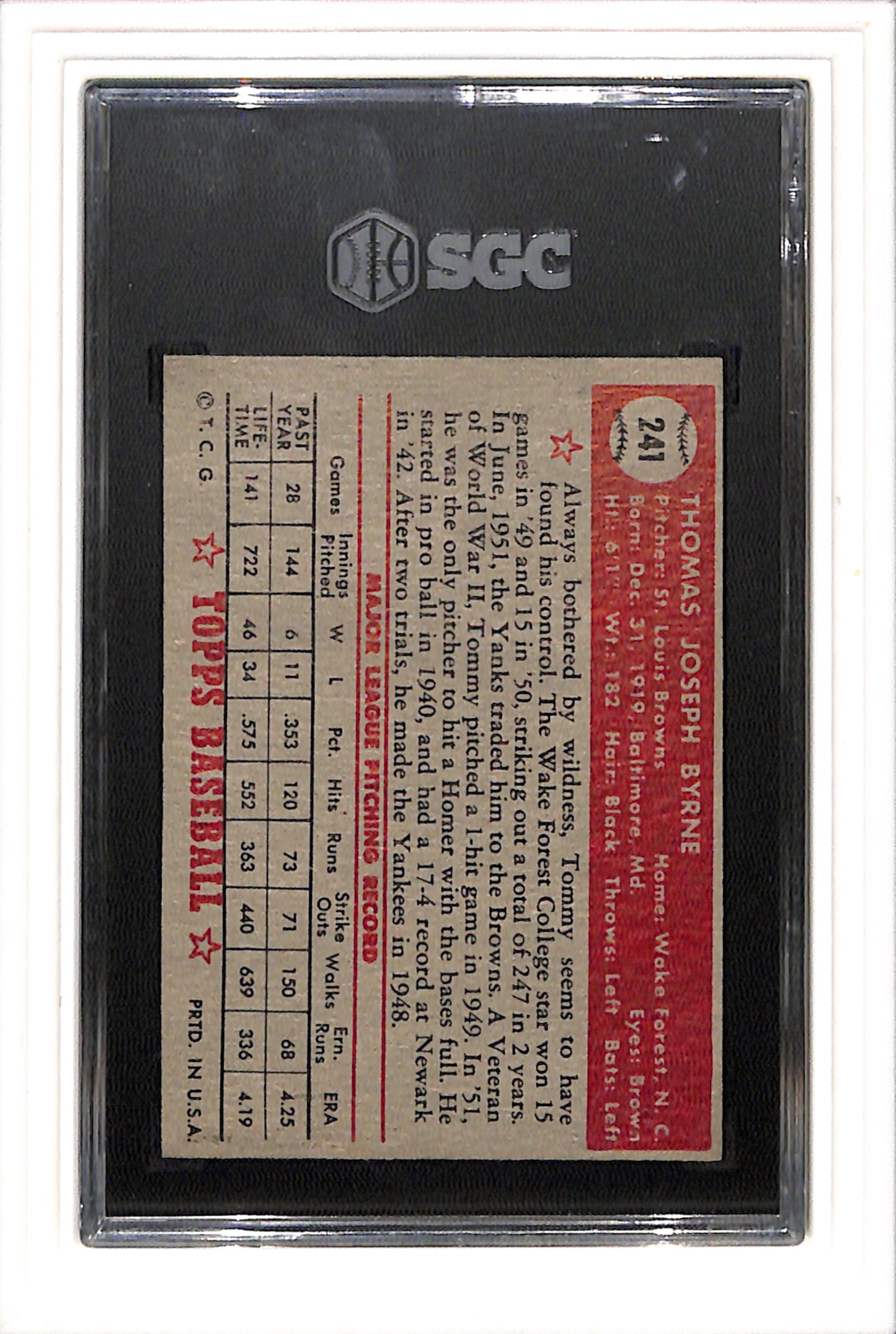 1952 Topps #241 Tommy Byrne SGC 4 SN 0059571