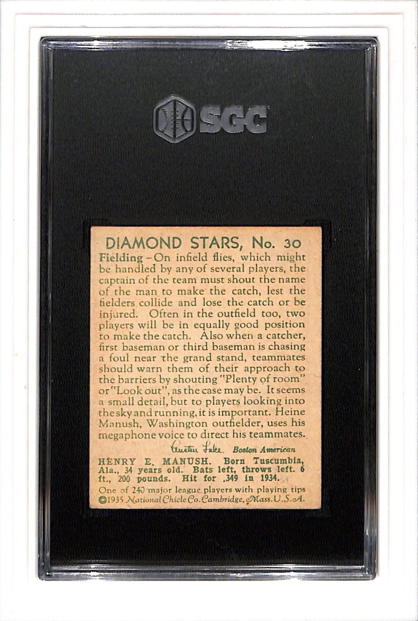 1934-36 Diamond Stars #30 Heinie Manush 1935 SGC 3 SN 1494350