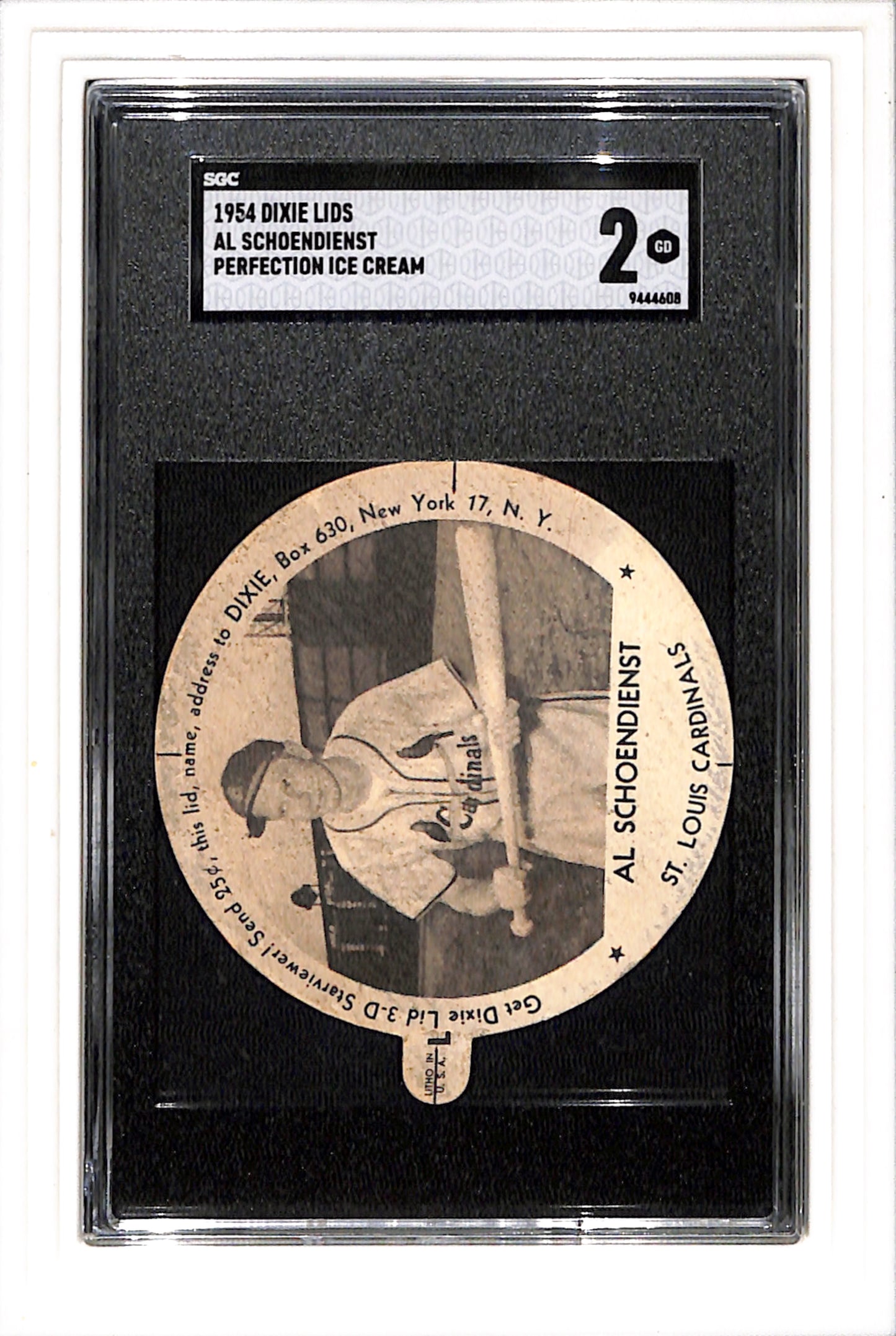 1954 Dixie Lids # Al Schoendienst Perfection Ice Cream SGC 2 SN 9444608