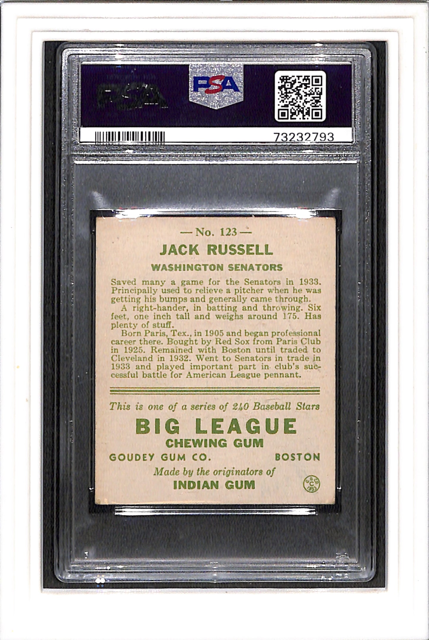 1933 Goudey #123 Jack Russell PSA 4 SN 73232793