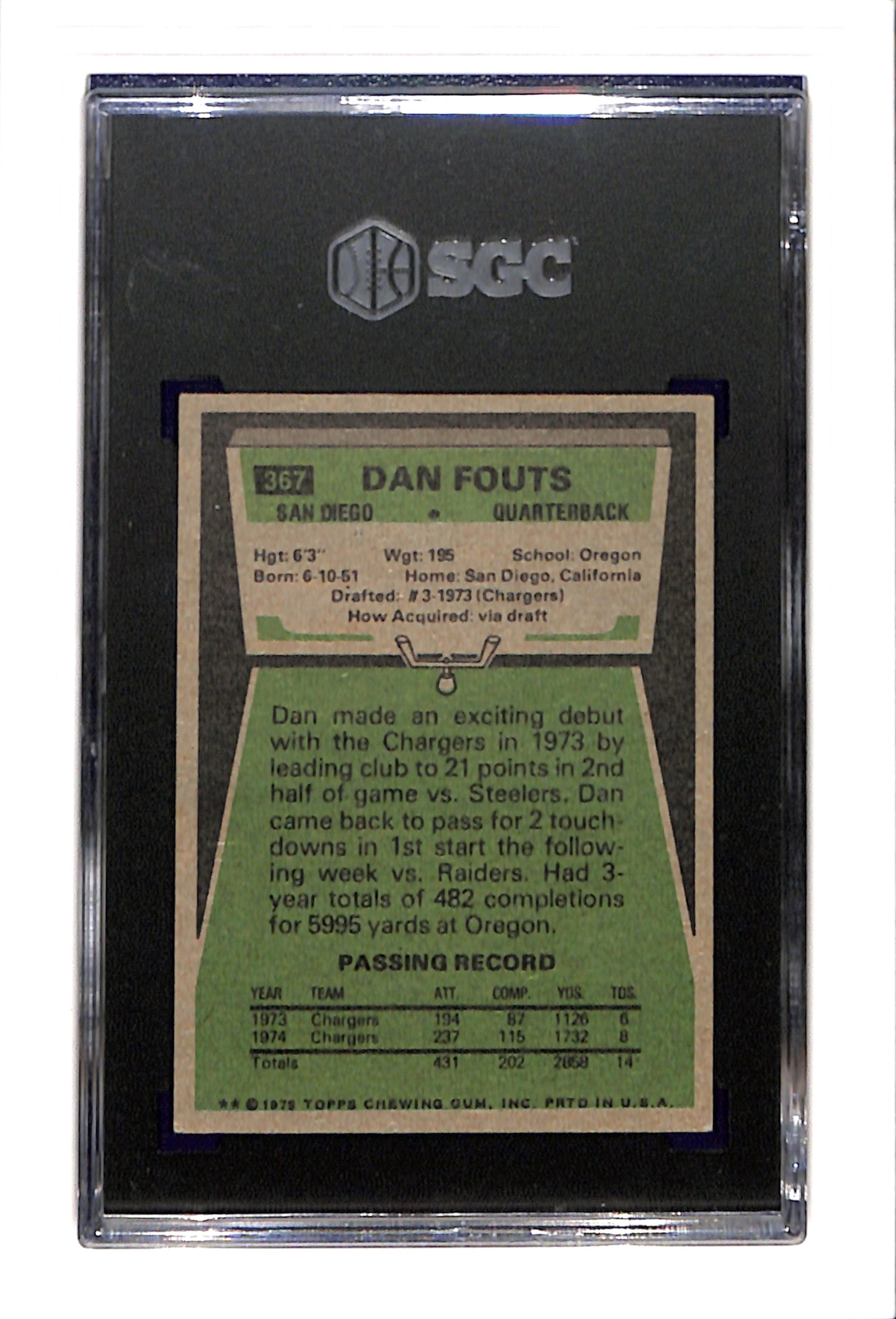 1975 Topps #367 Dan Fouts SGC 6 SN 9314259