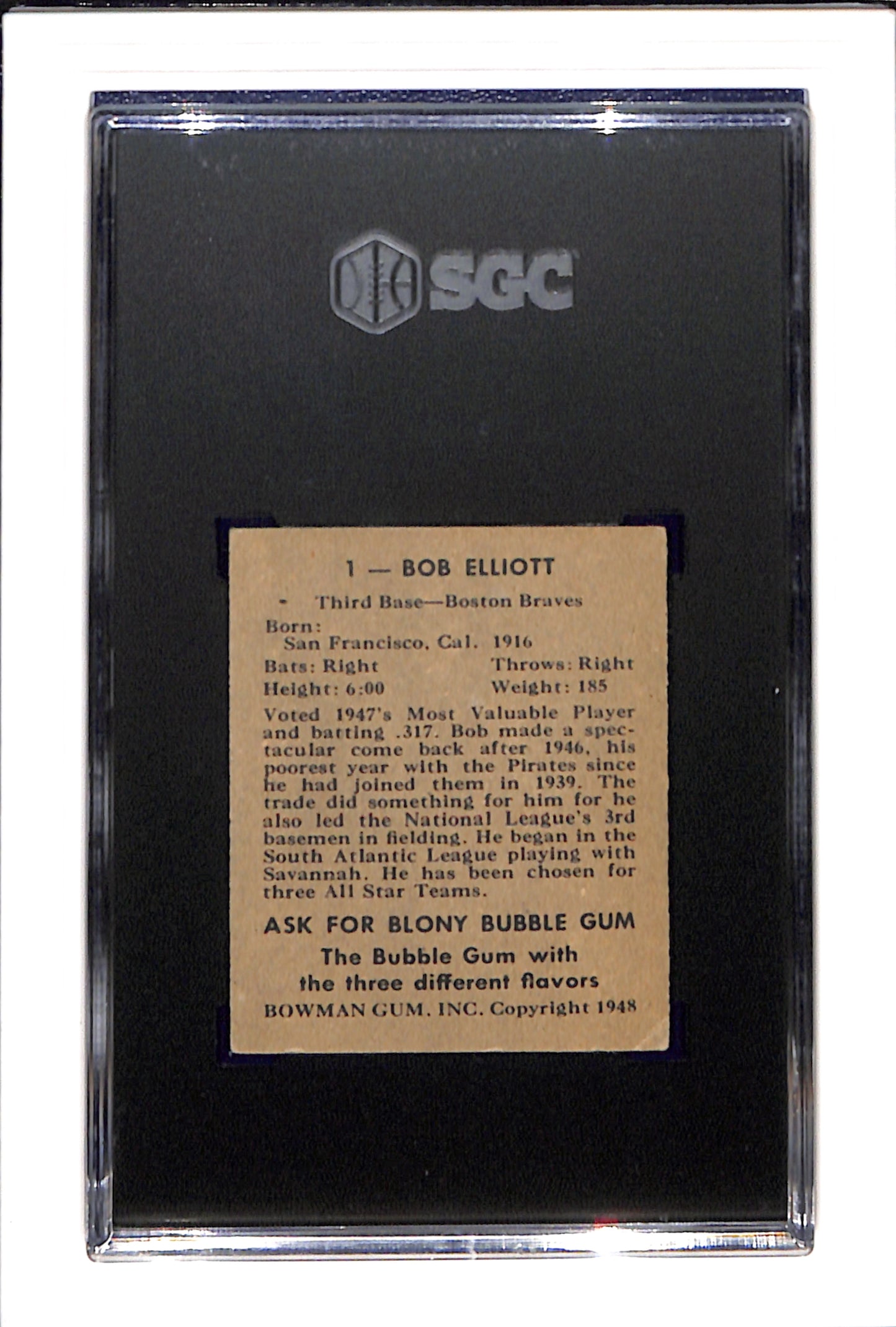 1948 Bowman #1 Bob Elliott RC SGC 4.5 SN 8250229