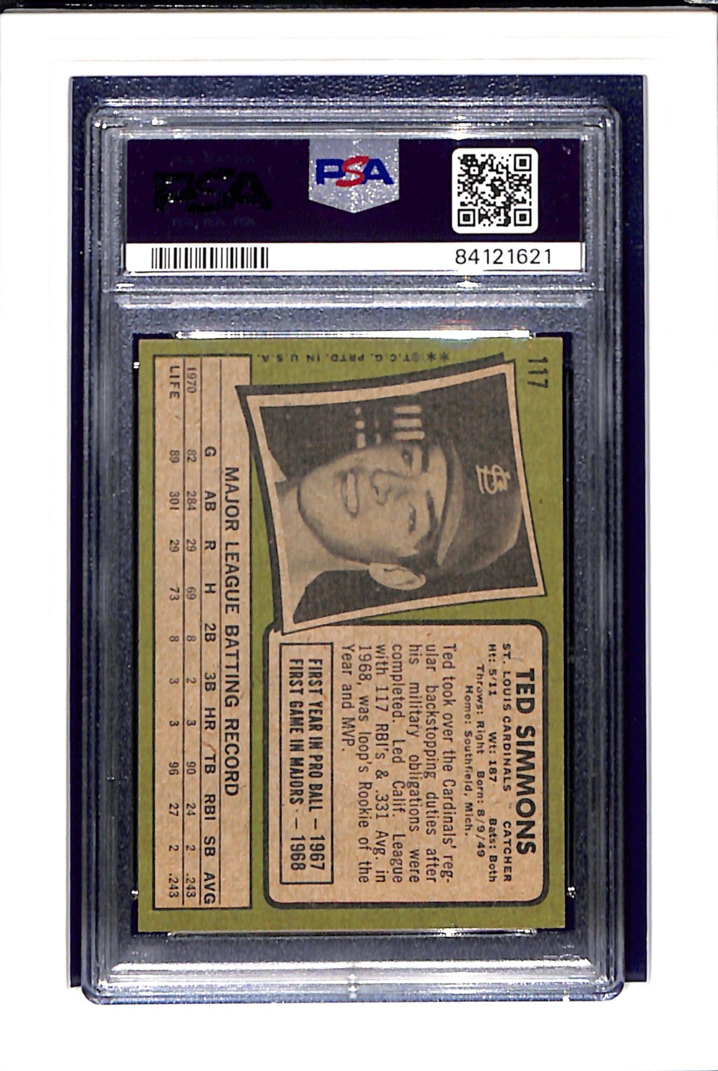 1971 Topps #117 Ted Simmons RC PSA 7 SN 84121621