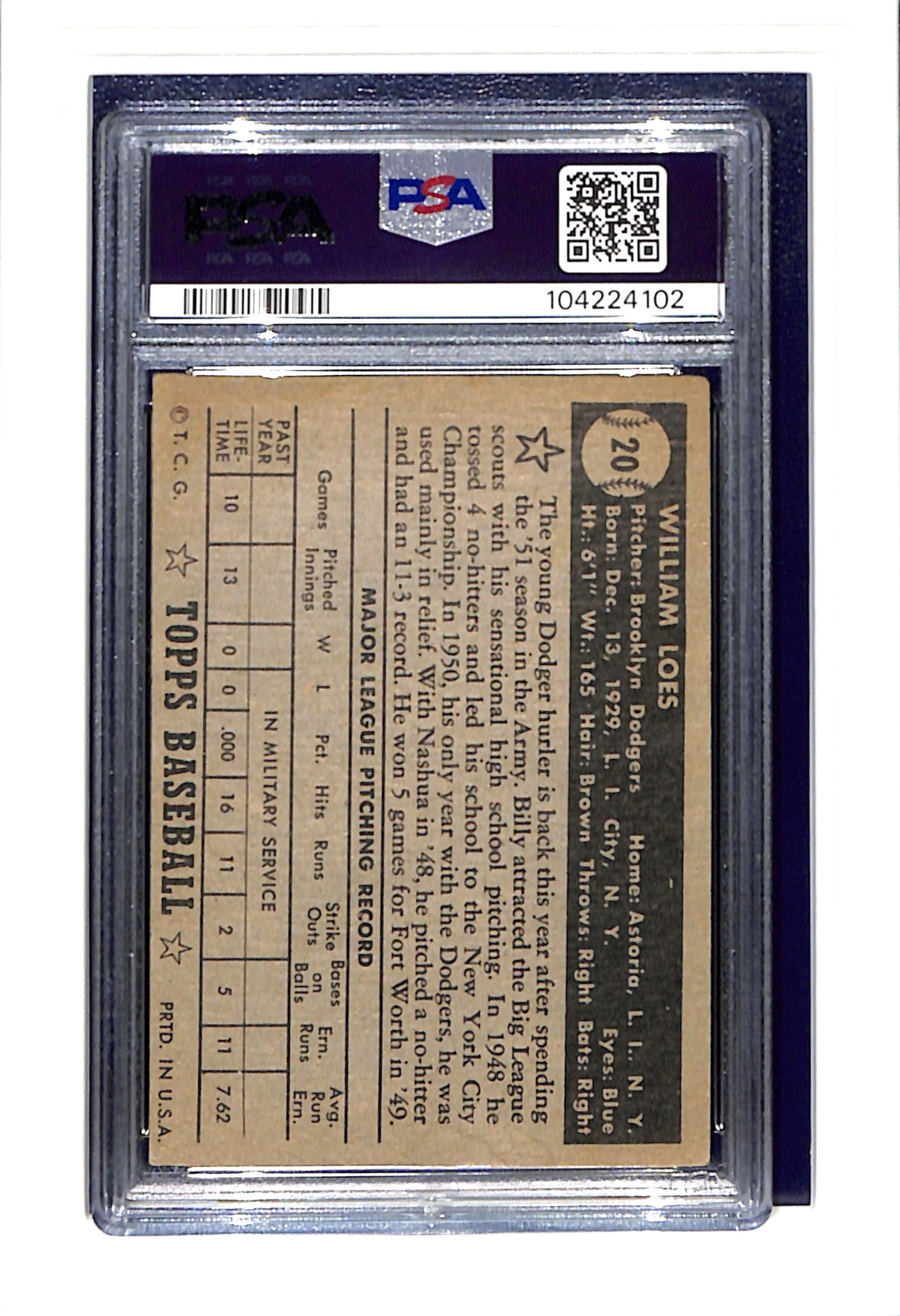 1952 Topps #20 Billy Loes Black Back PSA 2 Dodgers