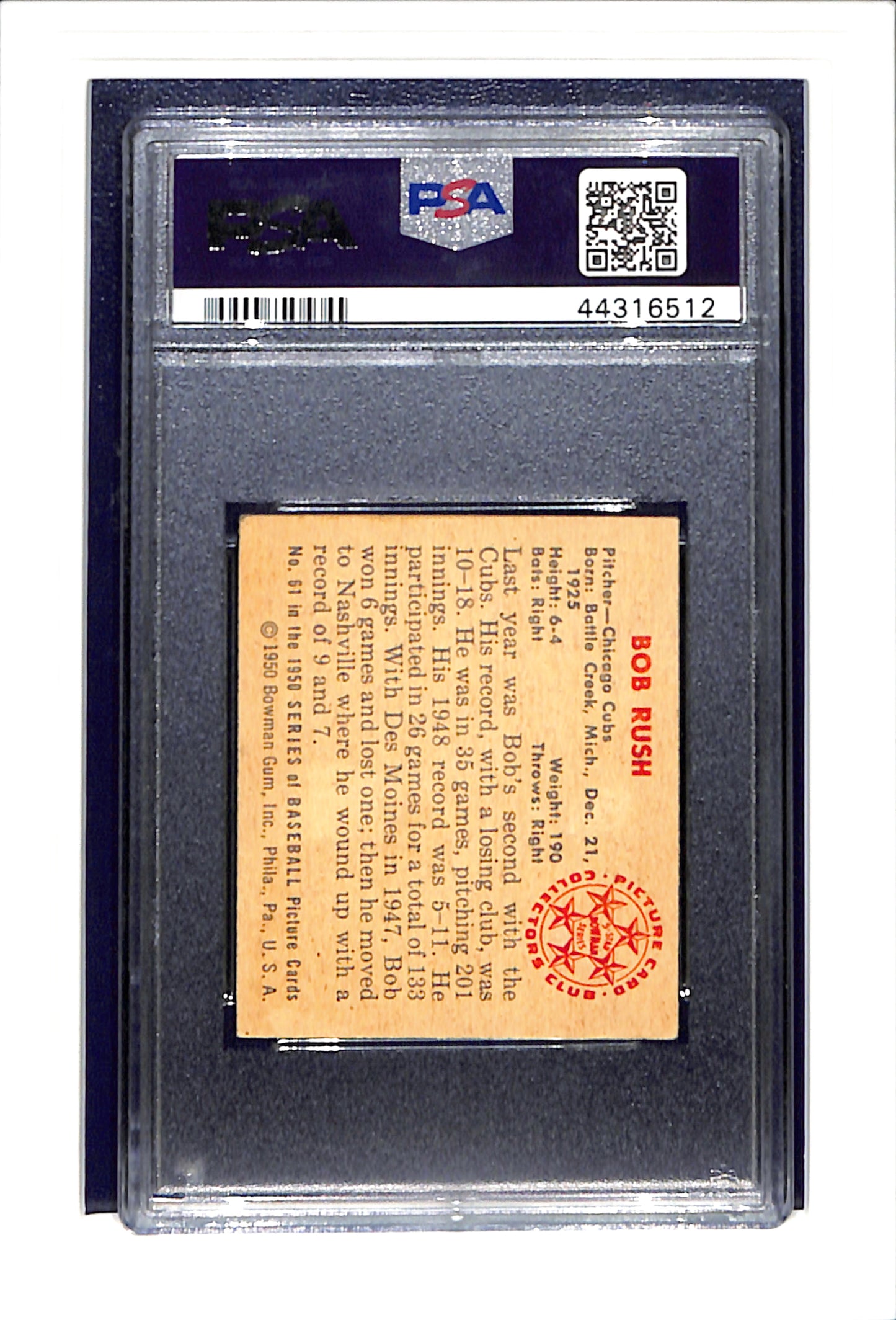 1950 Bowman #61 Bob Rush PSA 4 SN 44316512