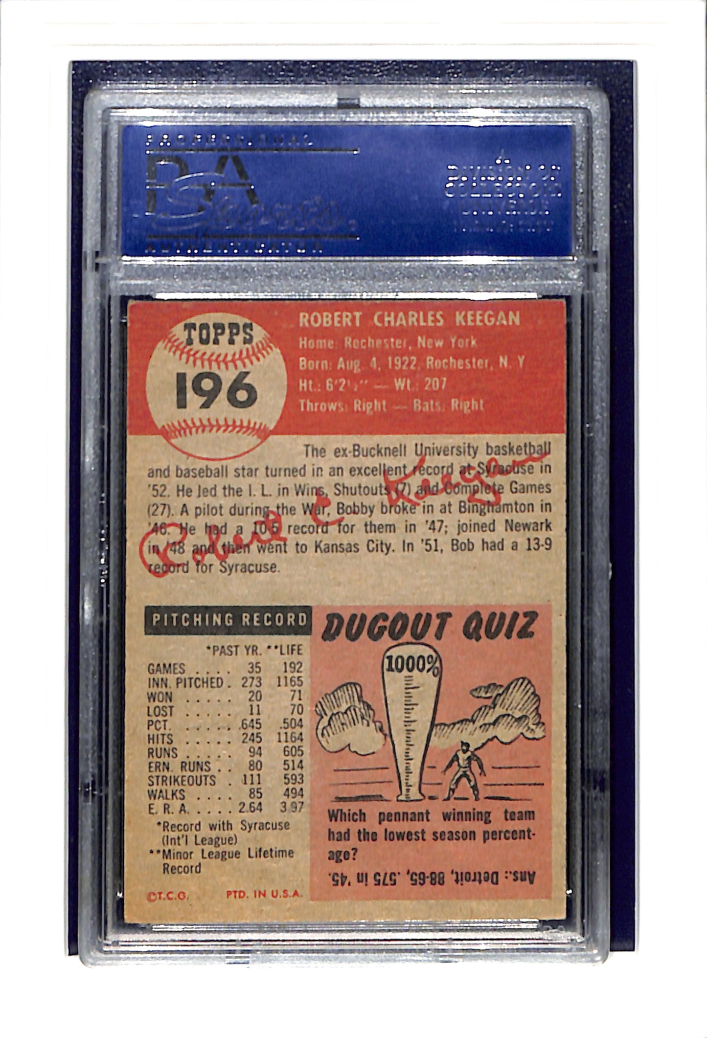 1953 Topps #196 Bob Keegan - Chicago White Sox RC PSA 5 SN 14107916