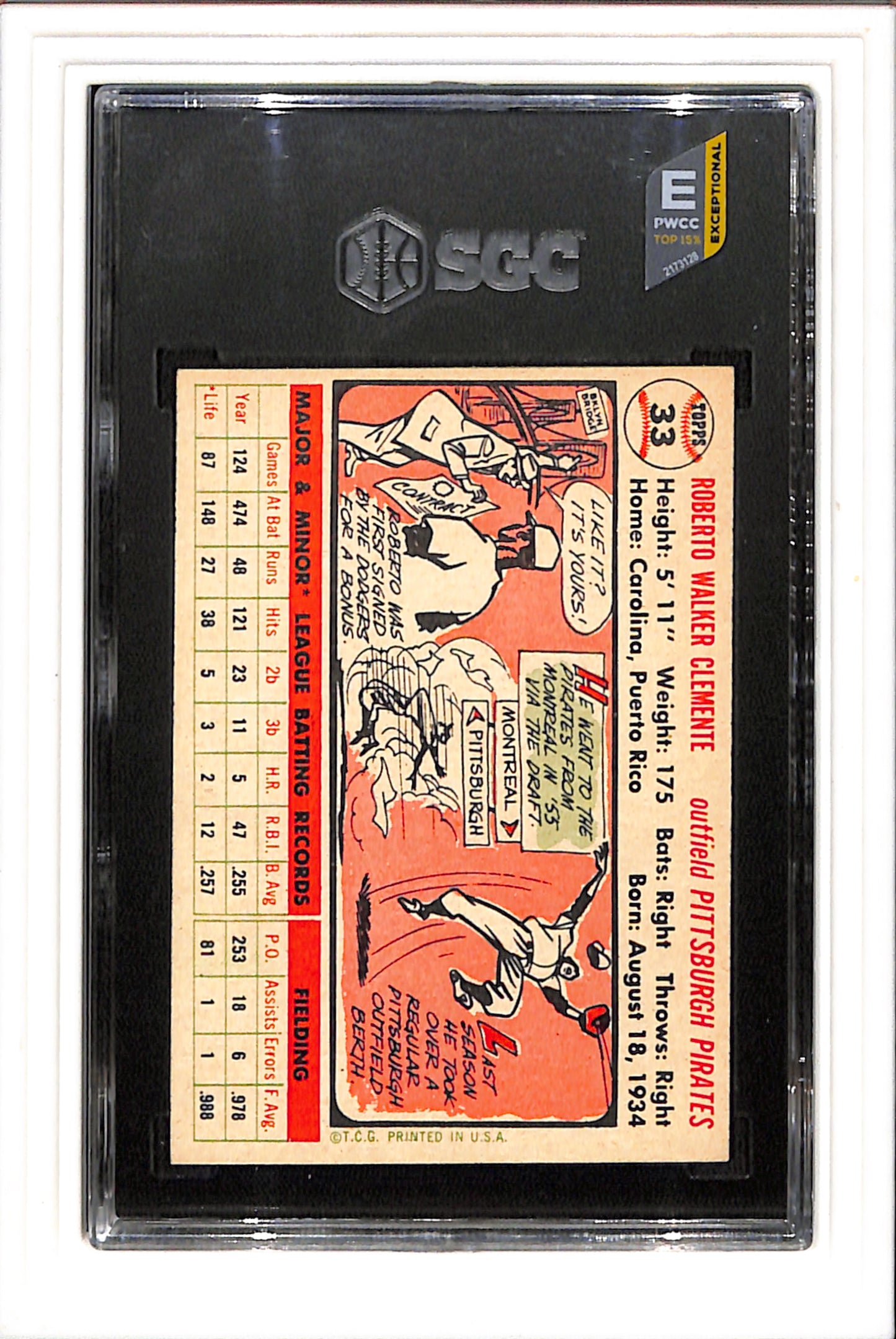 1956 Topps #33 Roberto Clemente White Back SGC 5 SN 8288564