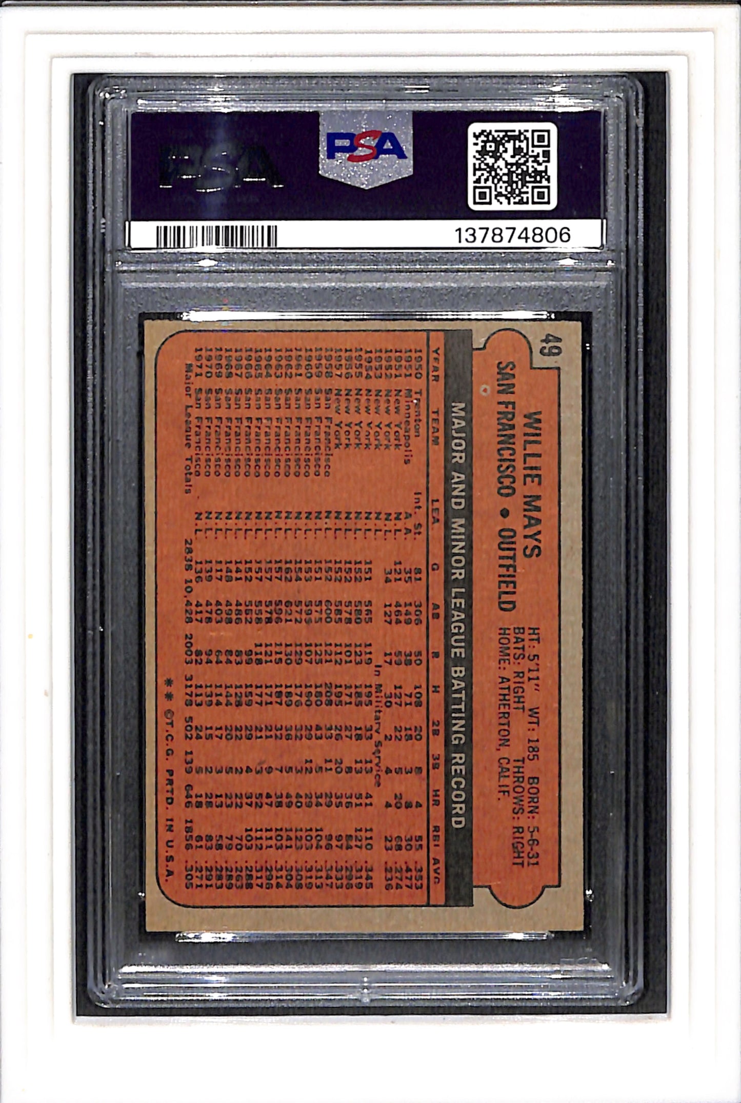 1972 Topps #49 Willie Mays PSA 7 SN 137874806