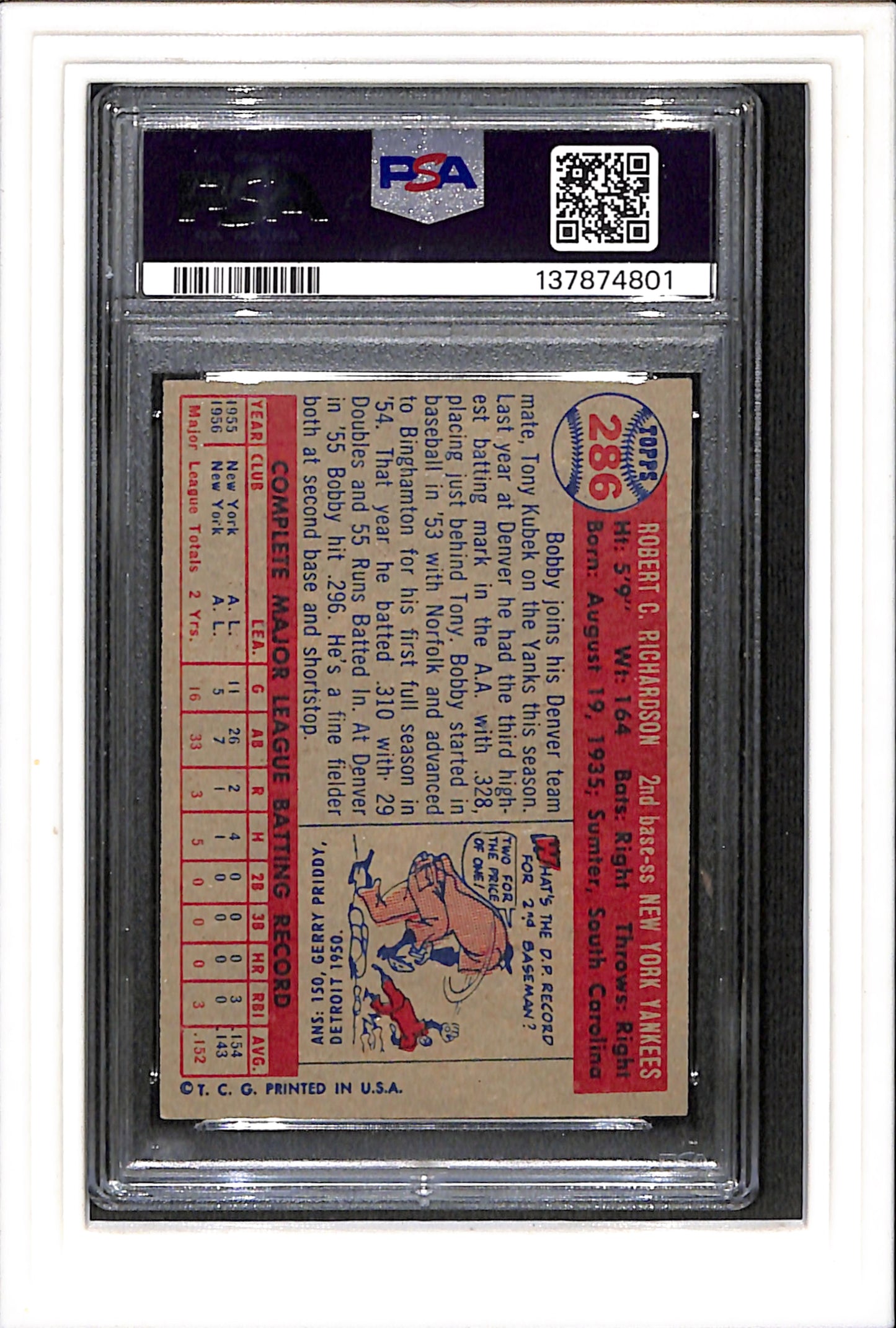 1957 Topps #286 Bobby Richardson PSA 4 SN 137874801