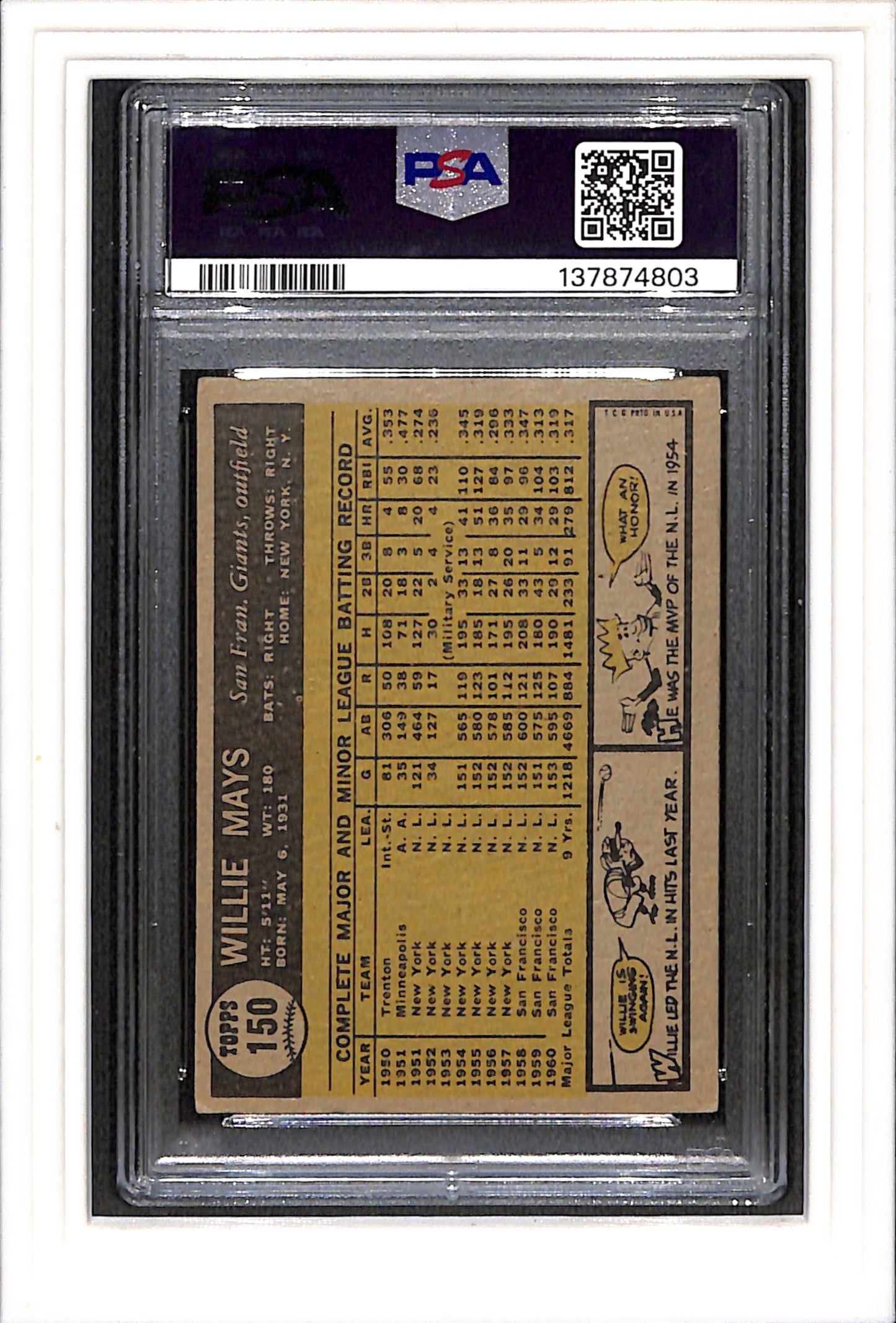 1961 Topps #150 Willie Mays PSA 4 SN 137874803