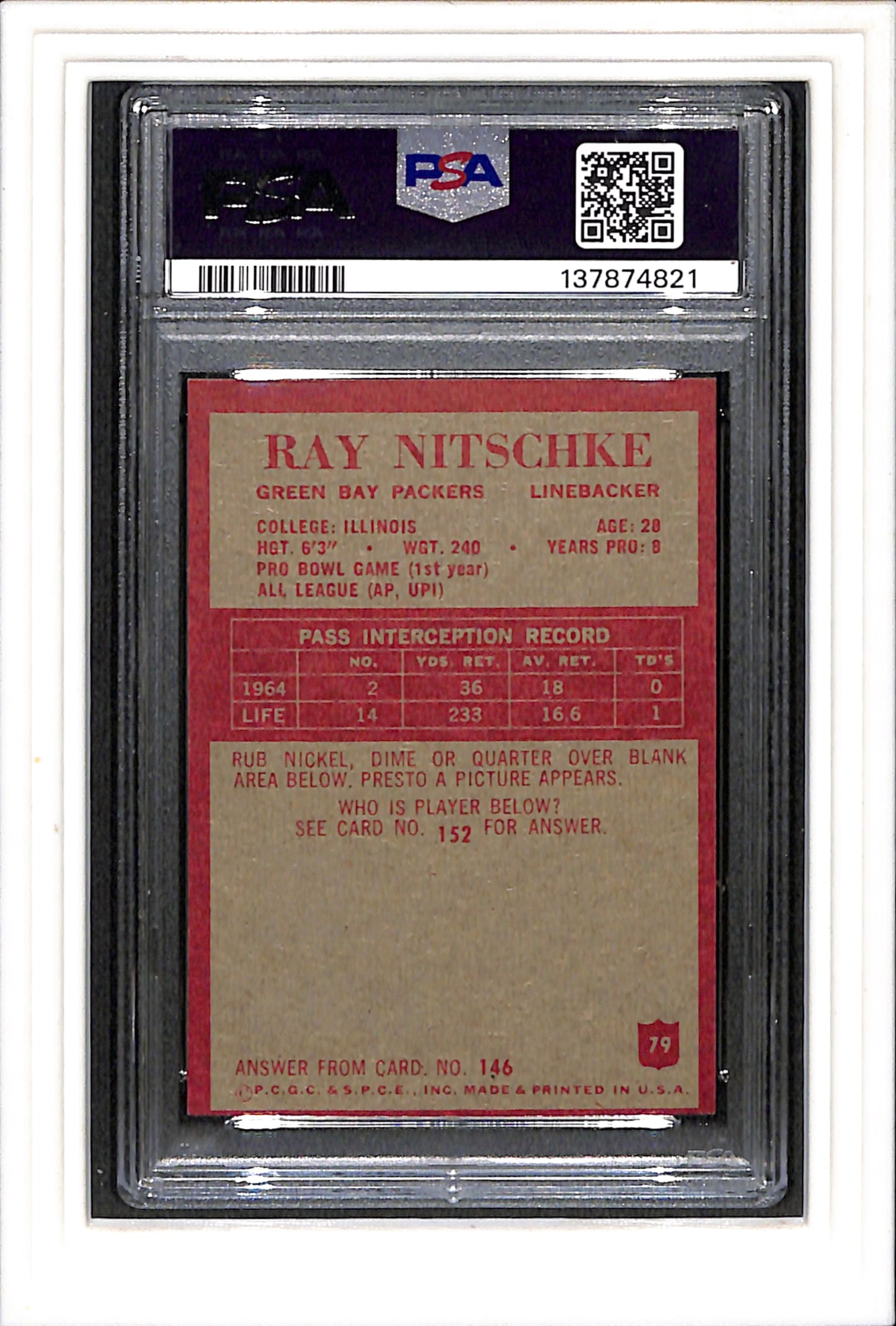 1965 Philadelphia #79 Ray Nitschke PSA 6 SN 137874821
