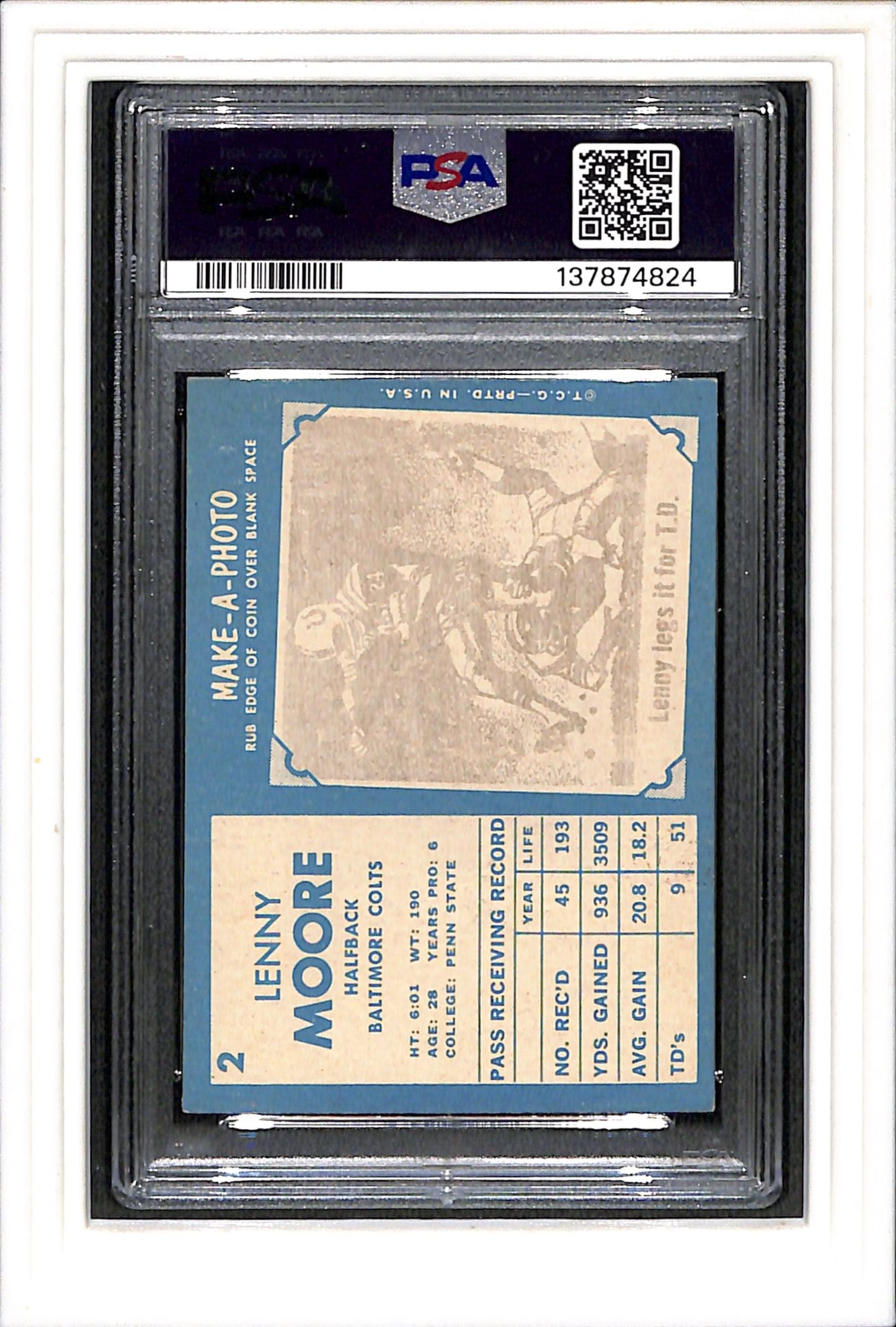 1961 Topps #2 Lenny Moore PSA 4 SN 137874824