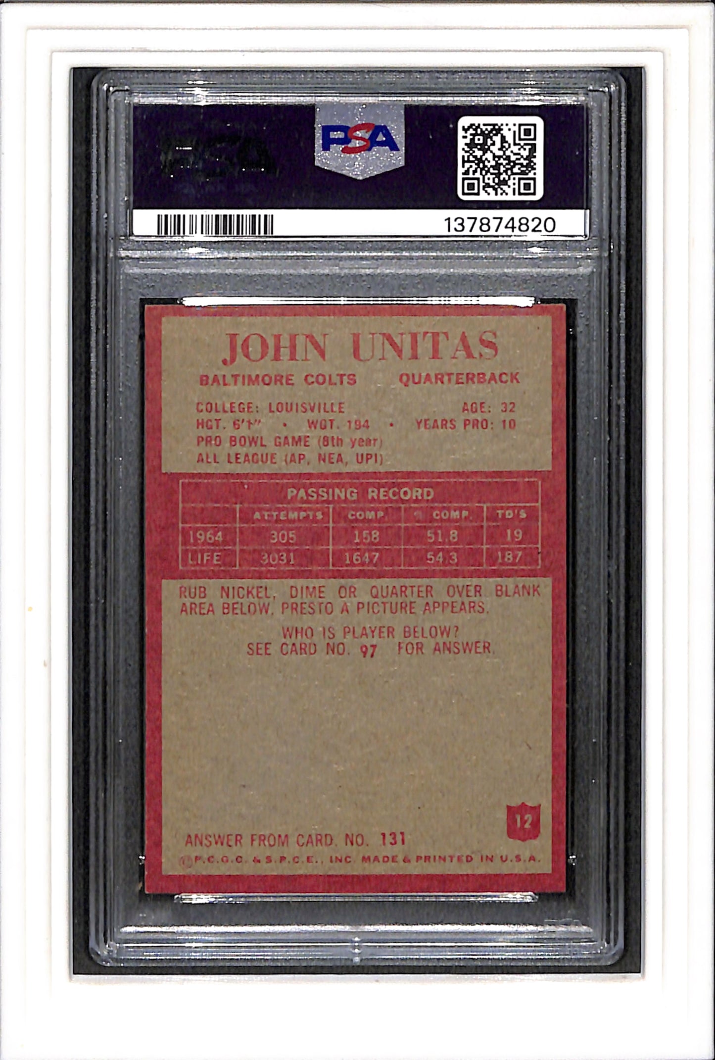 1965 Philadelphia #12 John Unitas PSA 6 SN 137874820