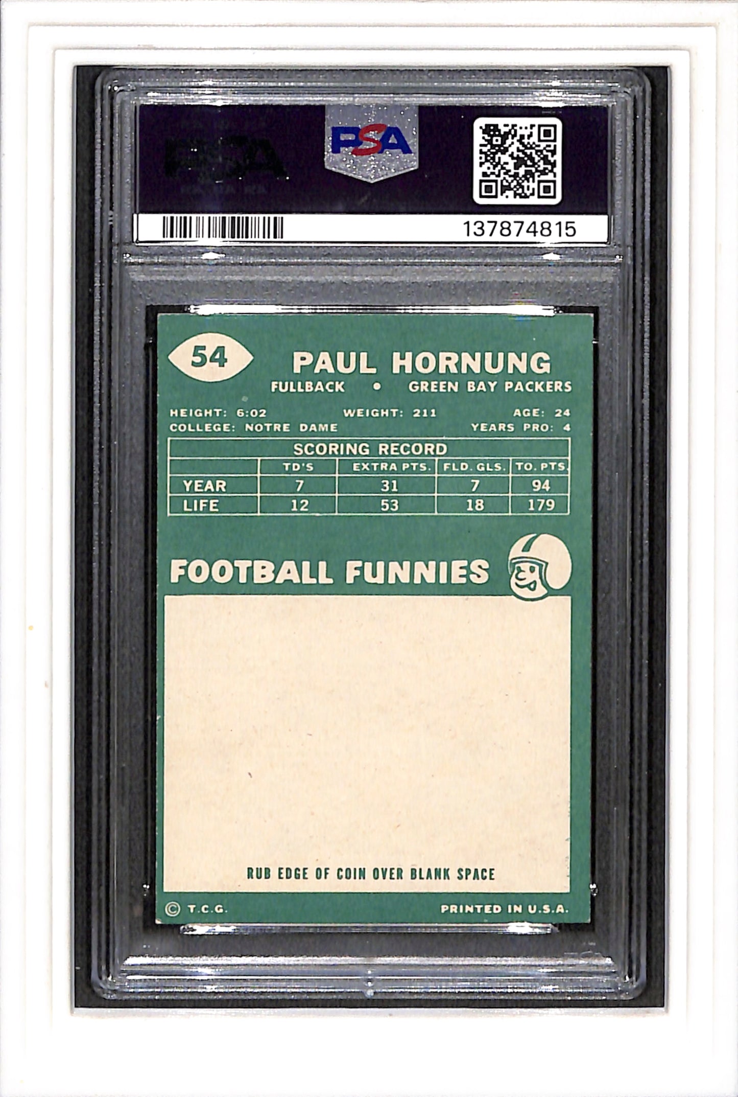 1960 Topps #54 Paul Hornung PSA 6 SN 137874815