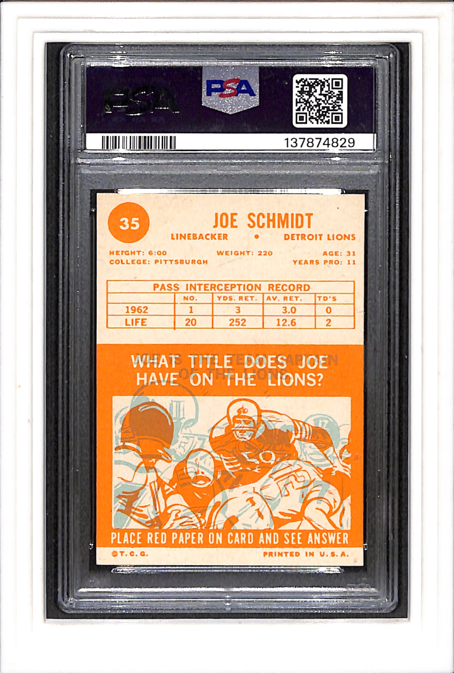1963 Topps #35 Joe Schmidt PSA 6 SN 137874829