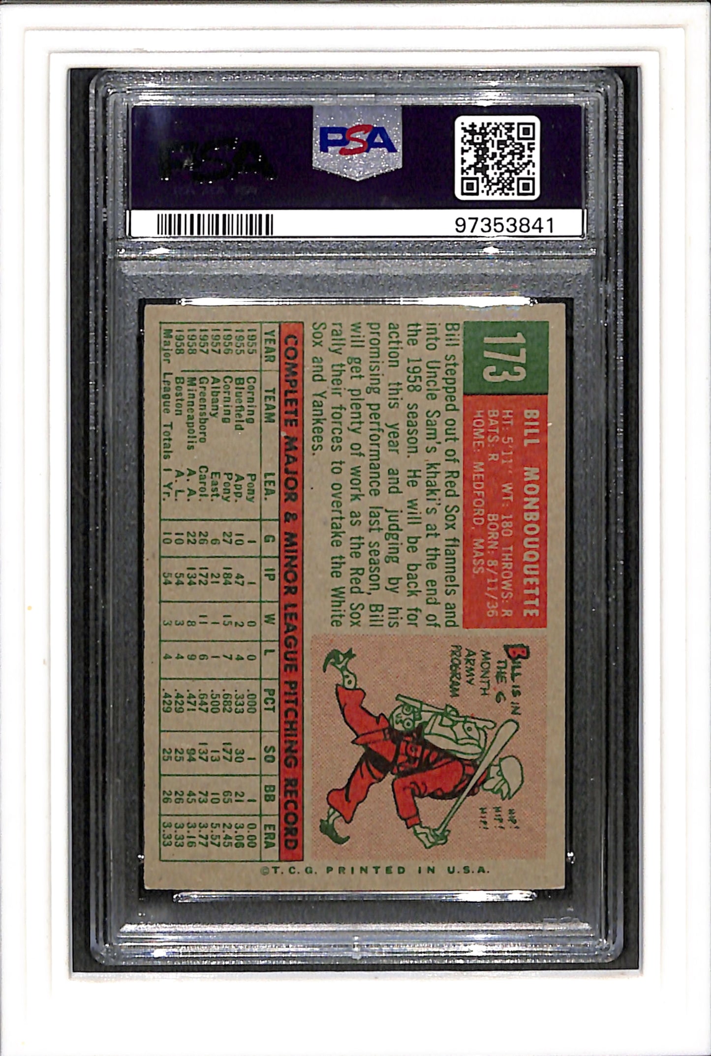 1959 Topps #173 Bill Monbouquette PSA 6 SN 97353841