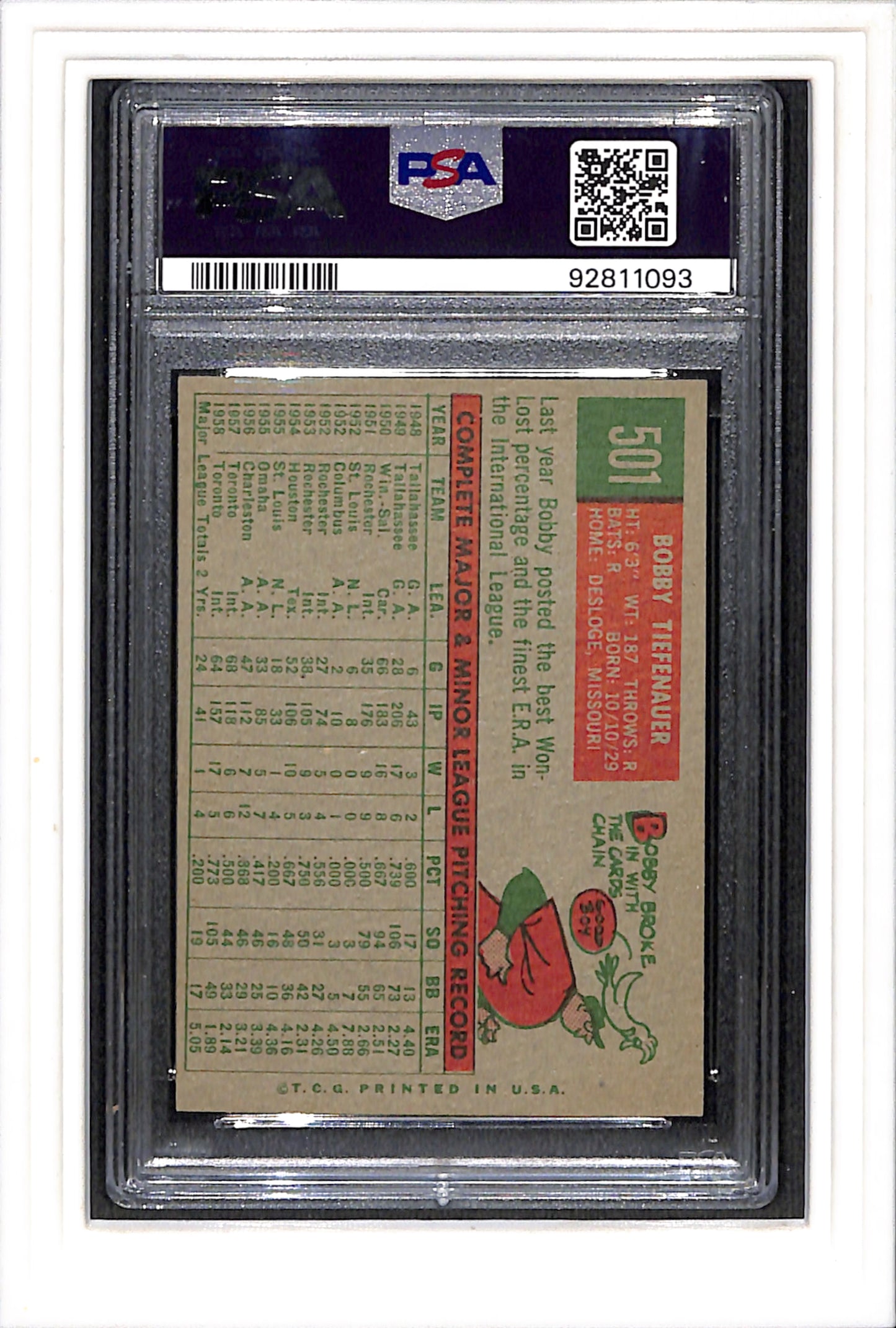 1959 Topps #501 Bobby Tiefenauer PSA 8 SN 92811093