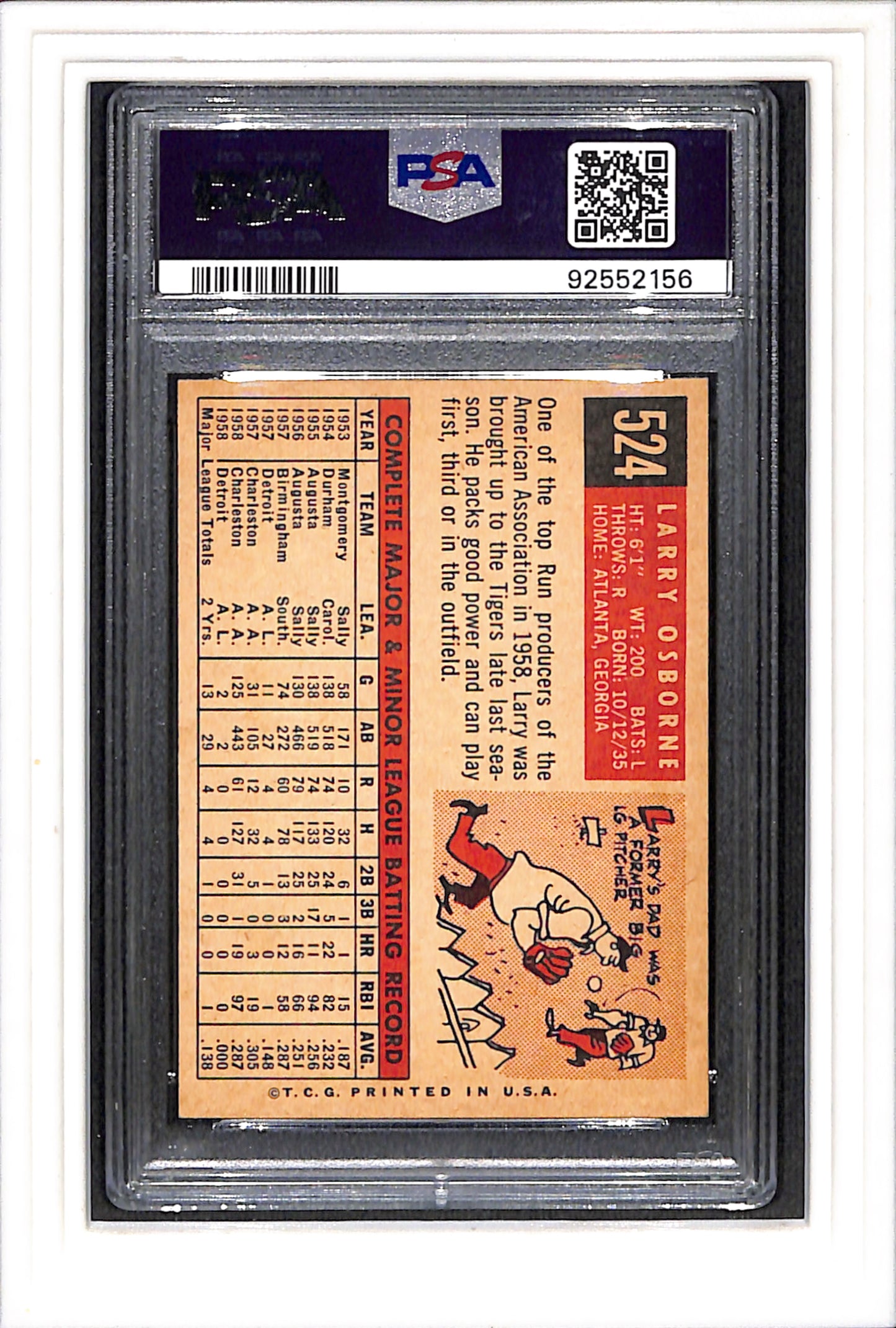 1959 Topps #524 Larry Osborne PSA 7 SN 92552156