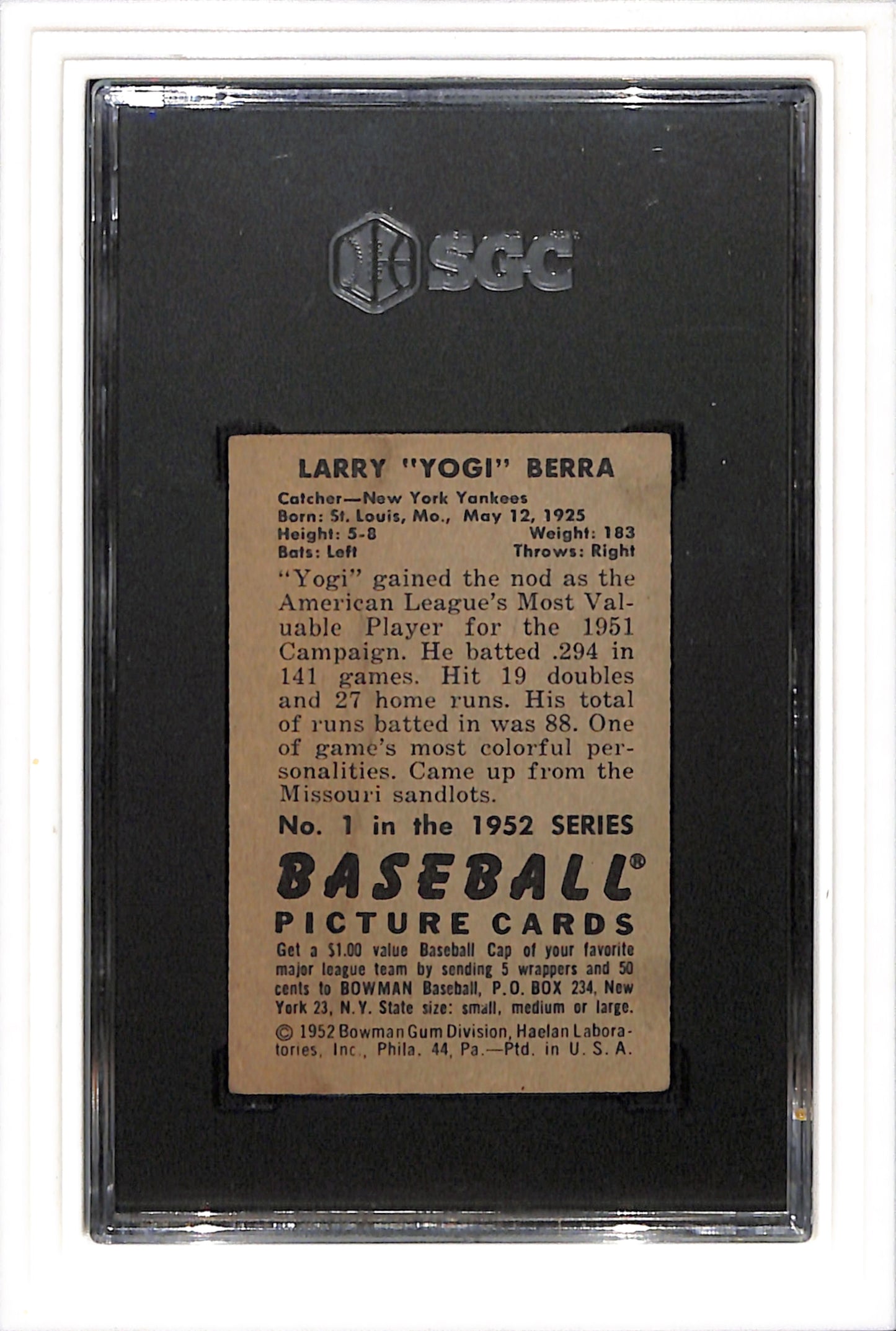 1952 Bowman #1 Yogi Berra SGC 3 SN 1653629