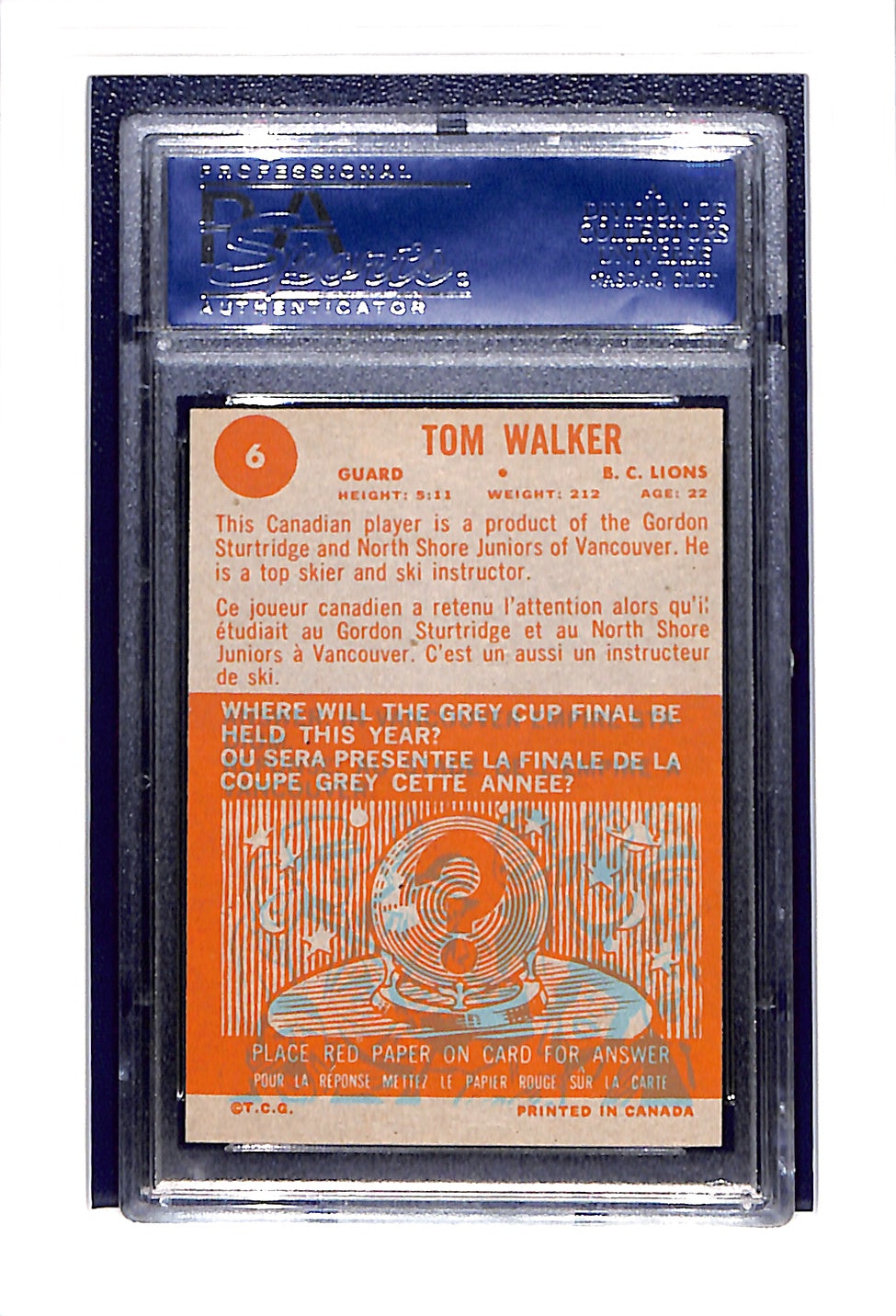 1963 Topps CFL #6 Tom Walker PSA 8
