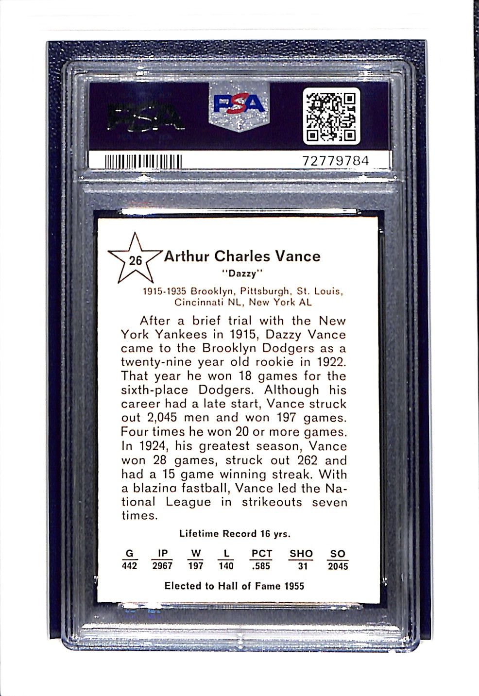 1961 Golden Press #26 Dazzy Vance PSA 5 Brooklyn Dodgers