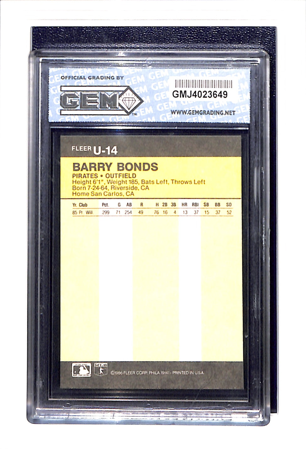 1986 Fleer Update U14 Barry Bonds GEM Grading 10