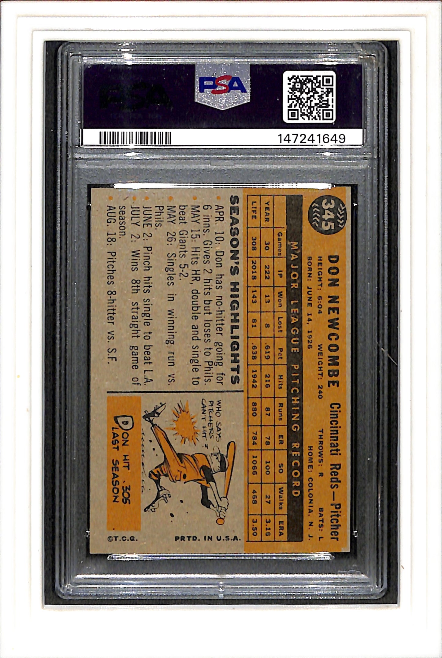 1960 Topps #345 Don Newcombe PSA 6 SN 147241649