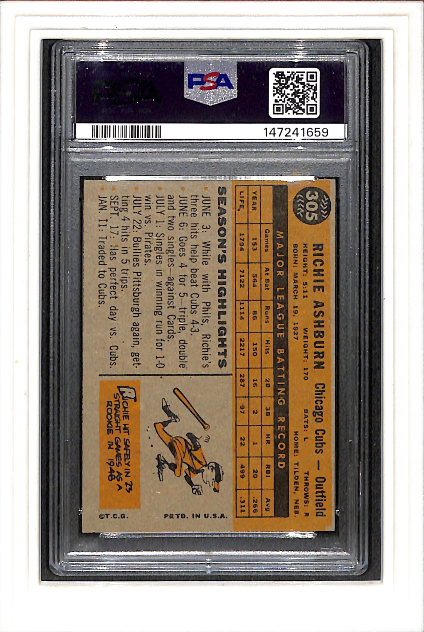 1960 Topps #305 Richie Ashburn PSA 6 SN 147241659