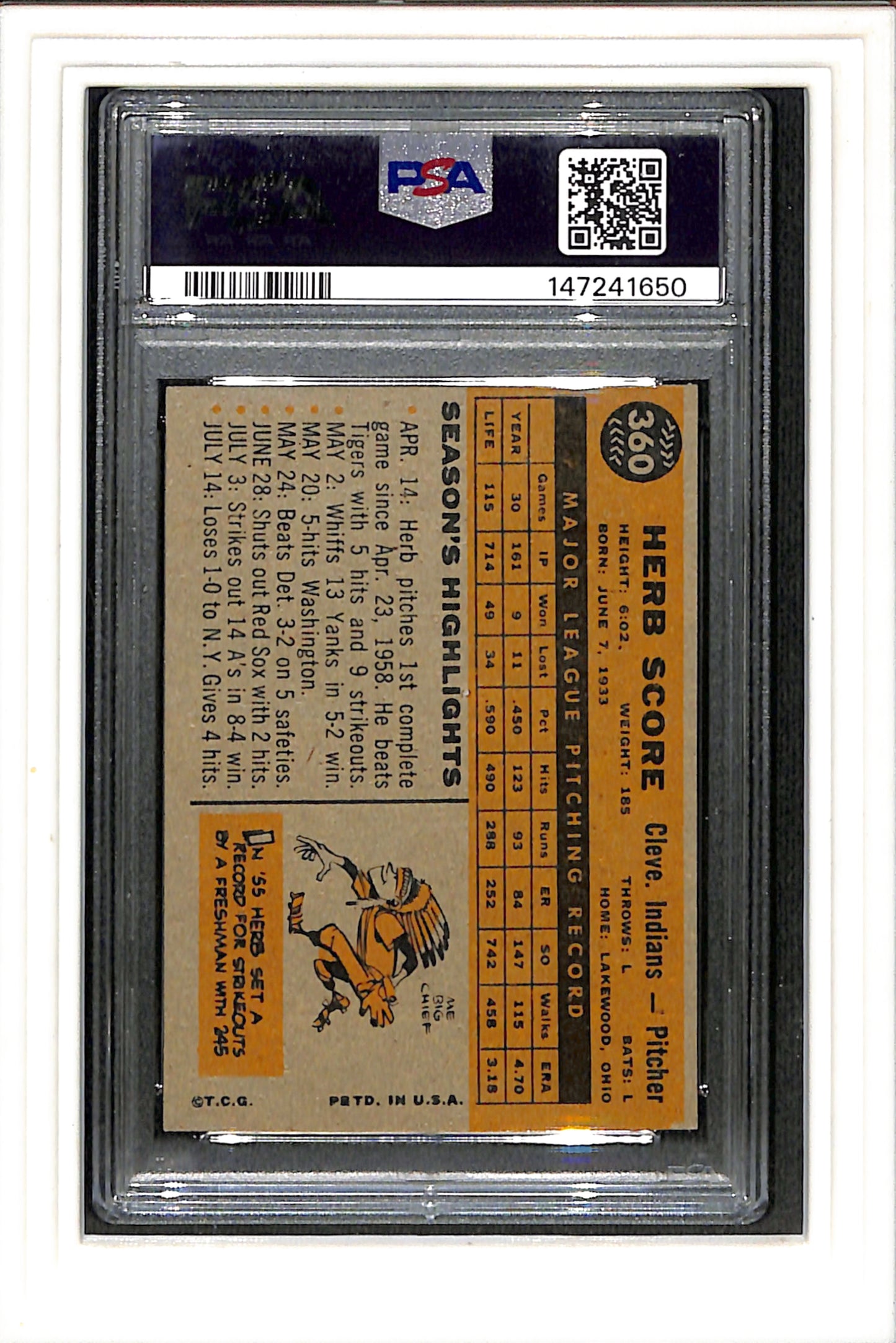 1960 Topps #360 Herb Score PSA 7 SN 147241650