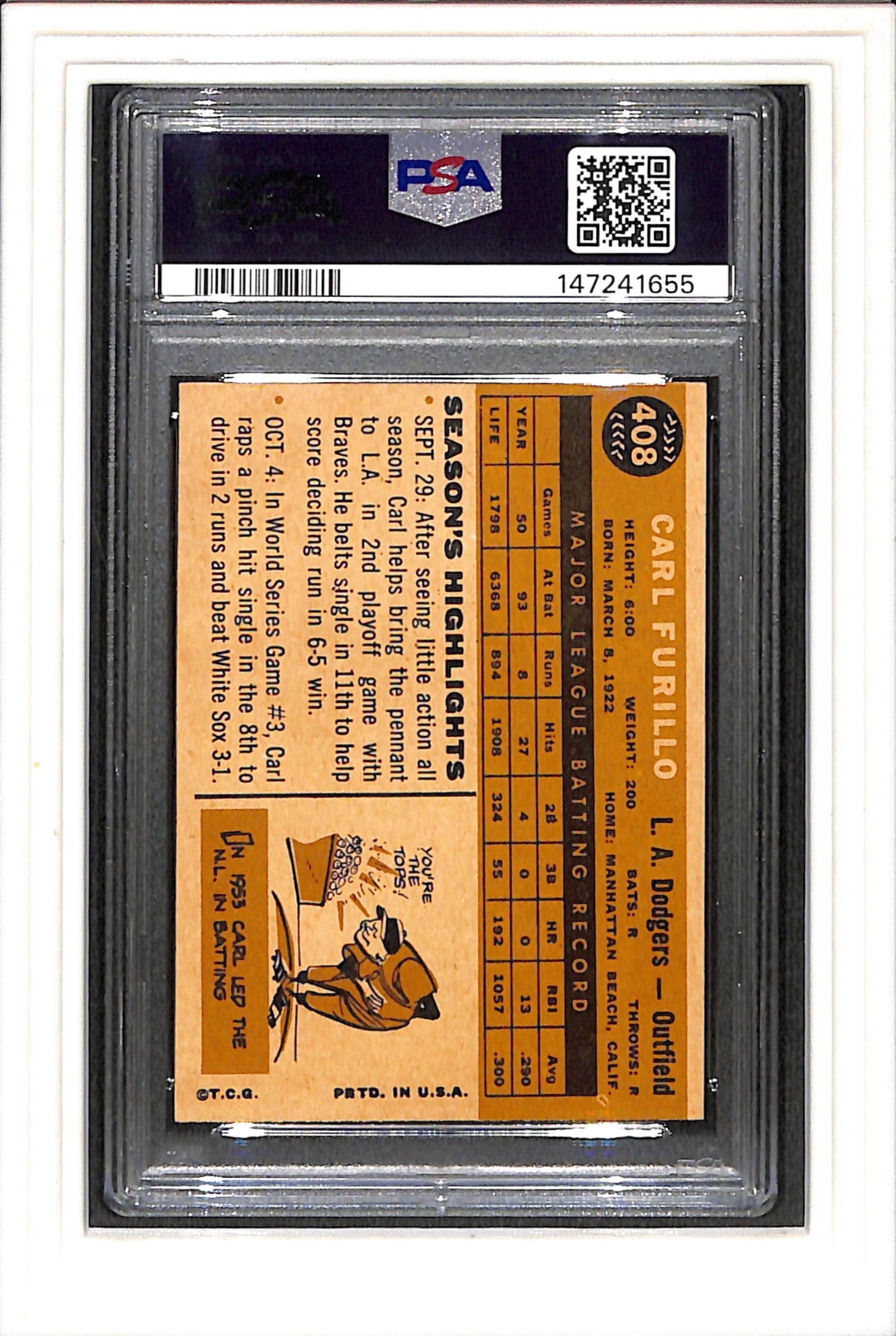 1960 Topps #408 Carl Furillo PSA 7 SN 147241655