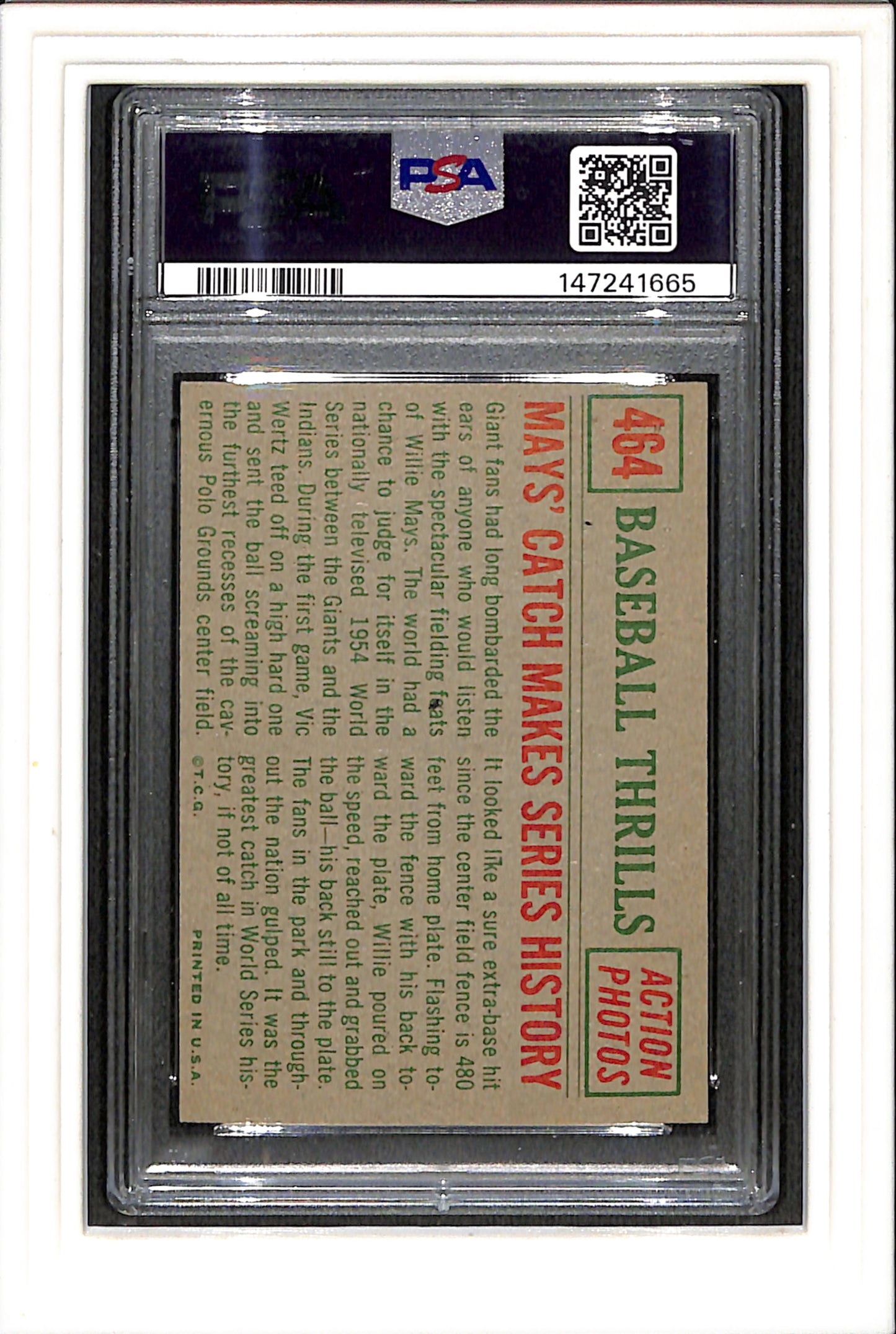 1959 Topps #464 Mays' Catch Makes Series History PSA 8 SN 147241665